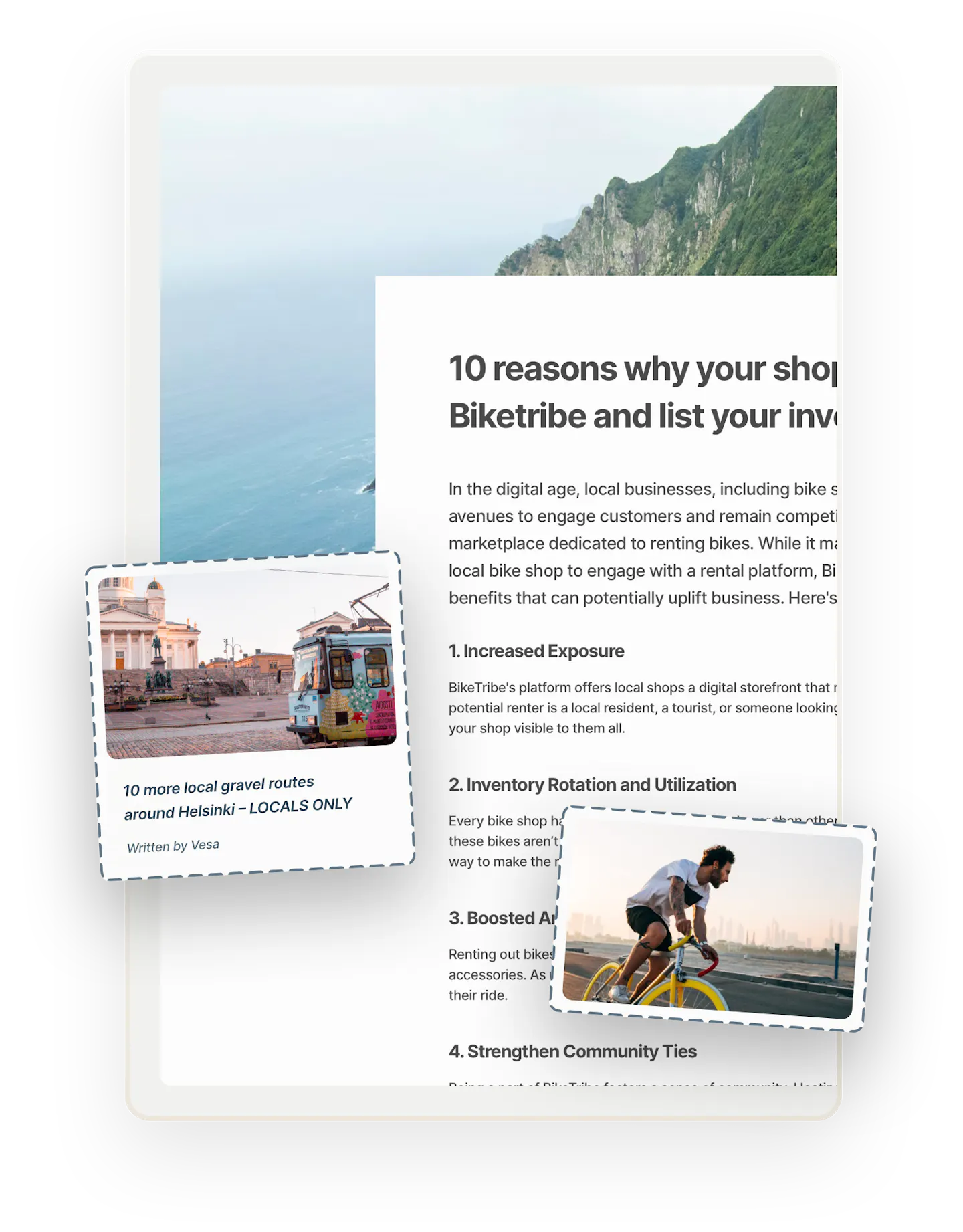 A snapshot of an example blog page titled "10 reasons why your shop should be on Biketribe". A blog thumbnail and an image of a happy biker are overlaid.