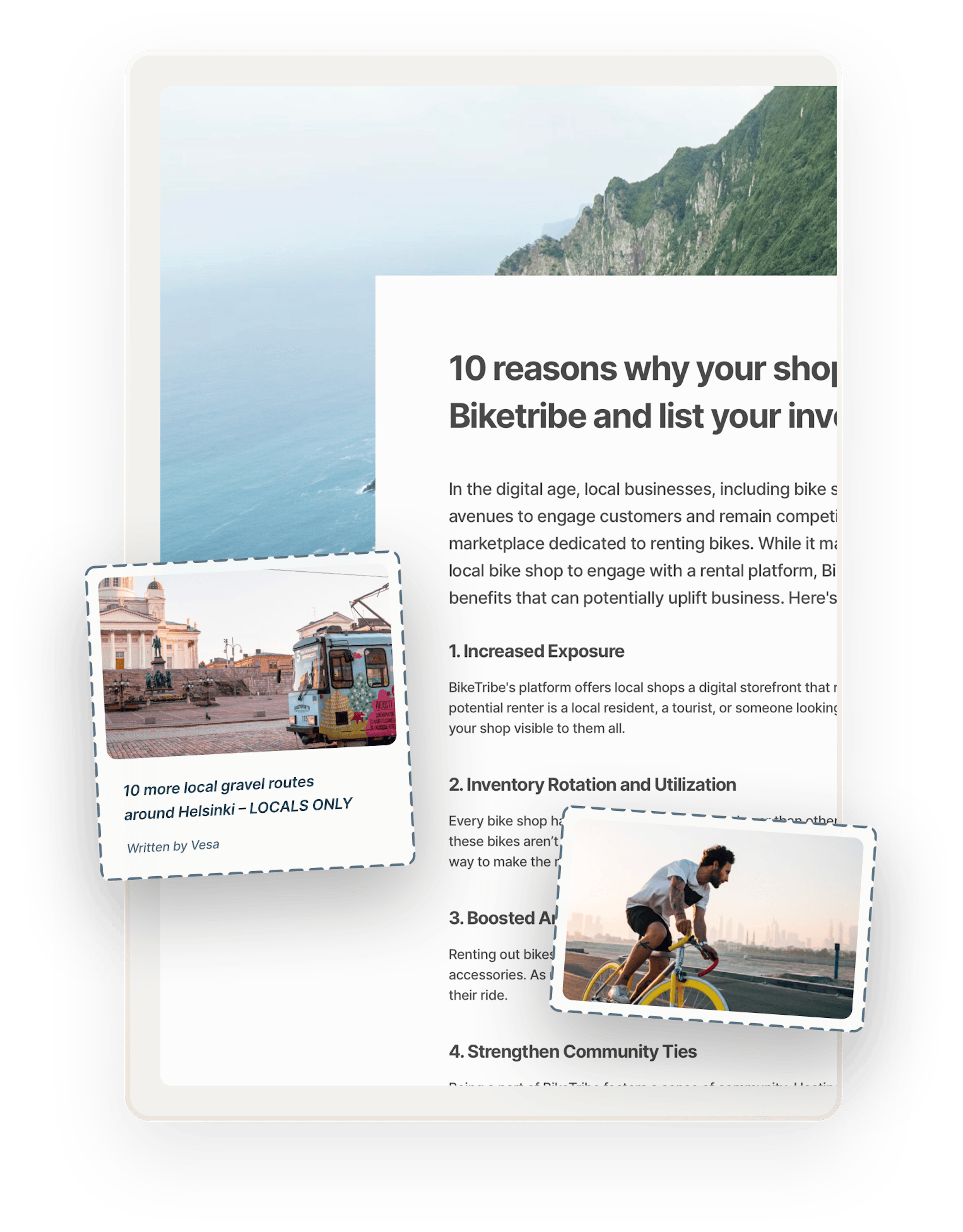 A snapshot of an example blog page titled "10 reasons why your shop should be on Biketribe". A blog thumbnail and an image of a happy biker are overlaid.