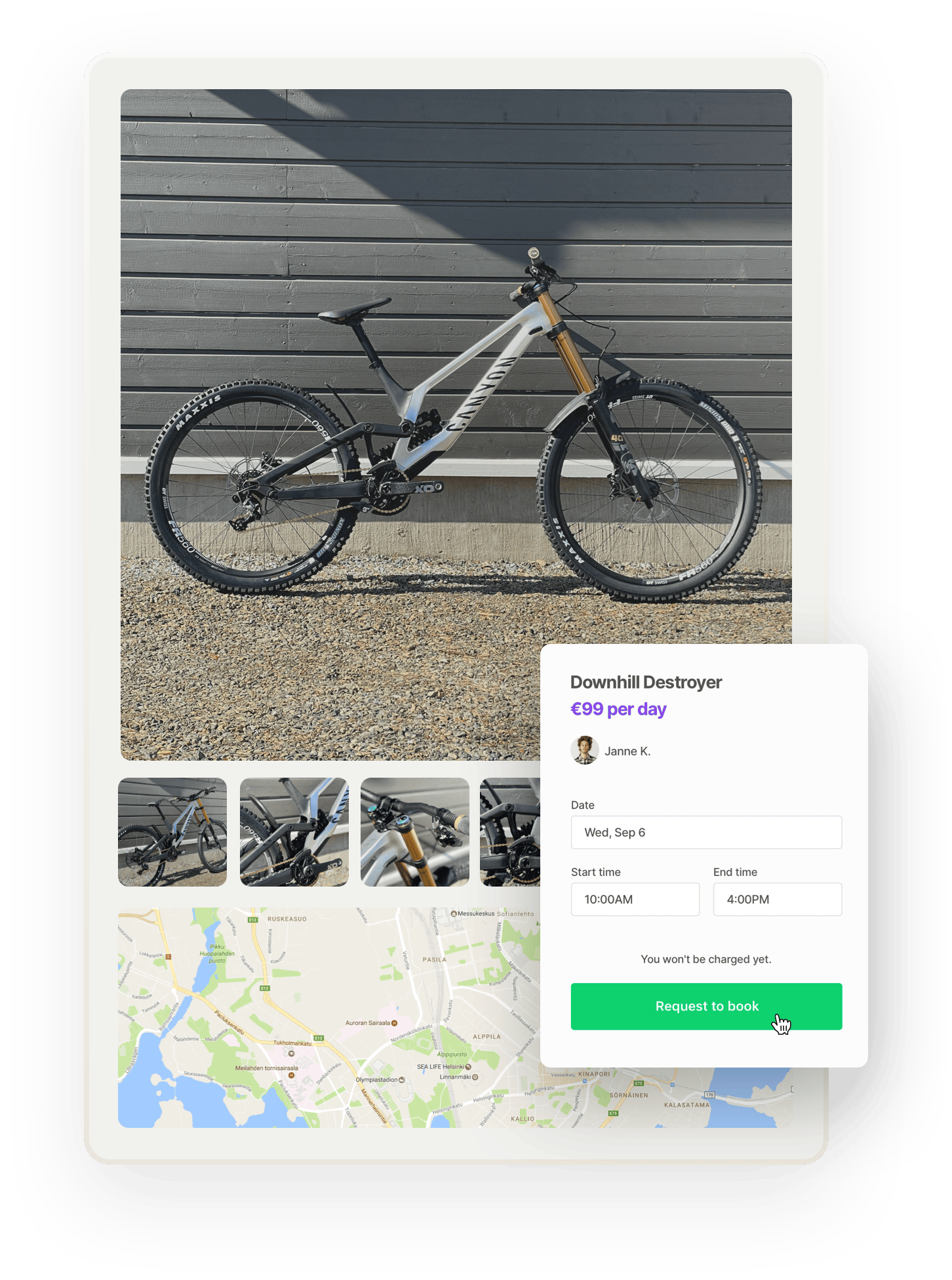 A listing page featuring a sleek, powerful mountain bike. Below, there are images of details of the bike and a map for the bikes location. Overlaid on top is the booking form for the bike. Sharetribe's designer Janne is about to book this bike a day in September.