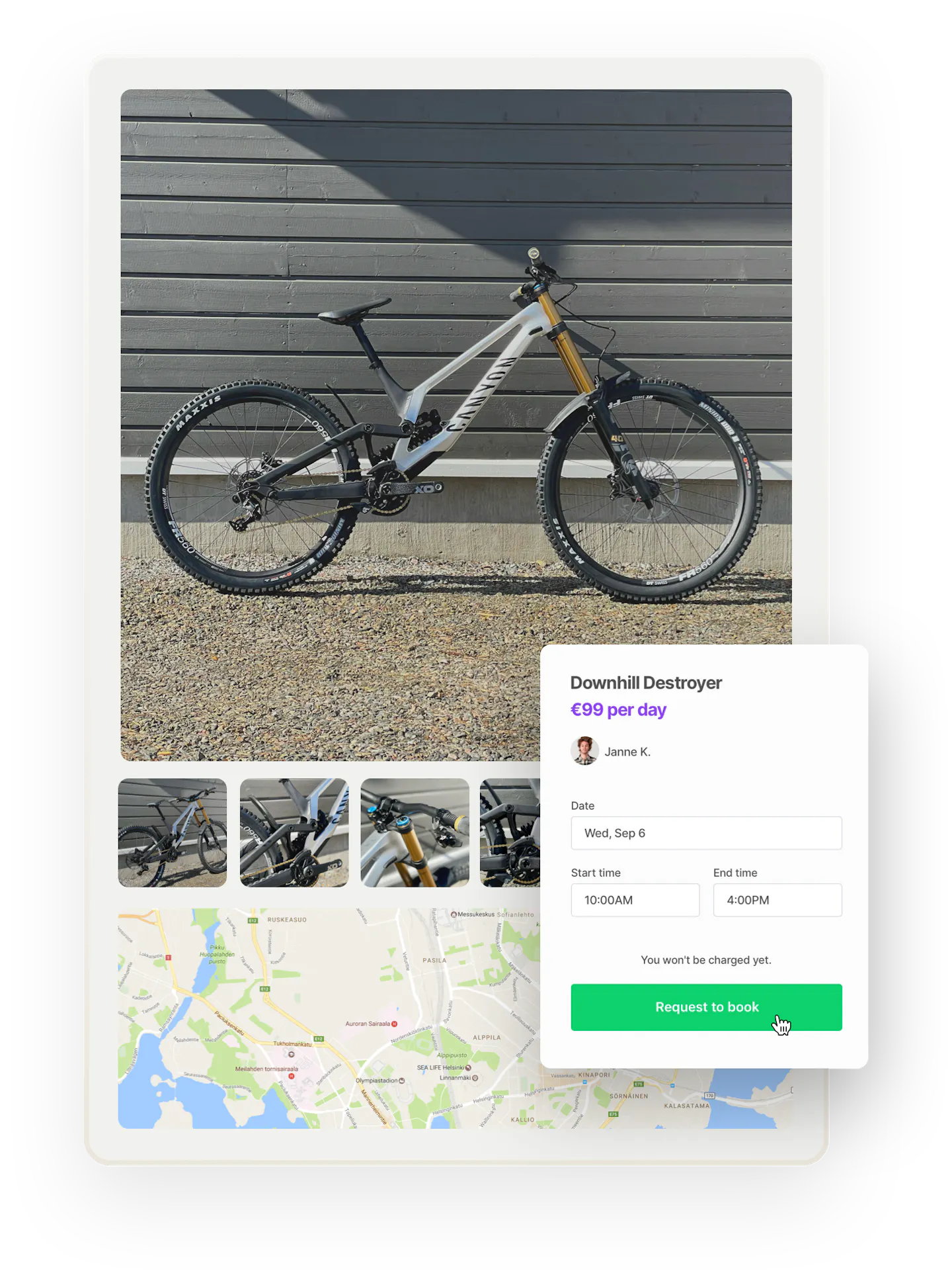 A listing page featuring a sleek, powerful mountain bike. Below, there are images of details of the bike and a map for the bikes location. Overlaid on top is the booking form for the bike. Sharetribe's designer Janne is about to book this bike a day in September.
