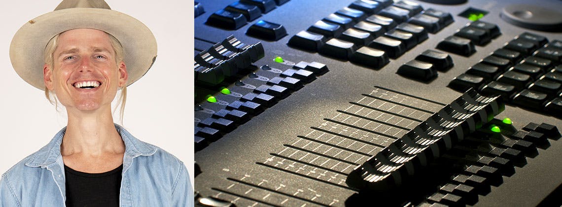 Studiotime founder Mike in black t-shirt and an open denim shirt and close-up of studio mixer board.