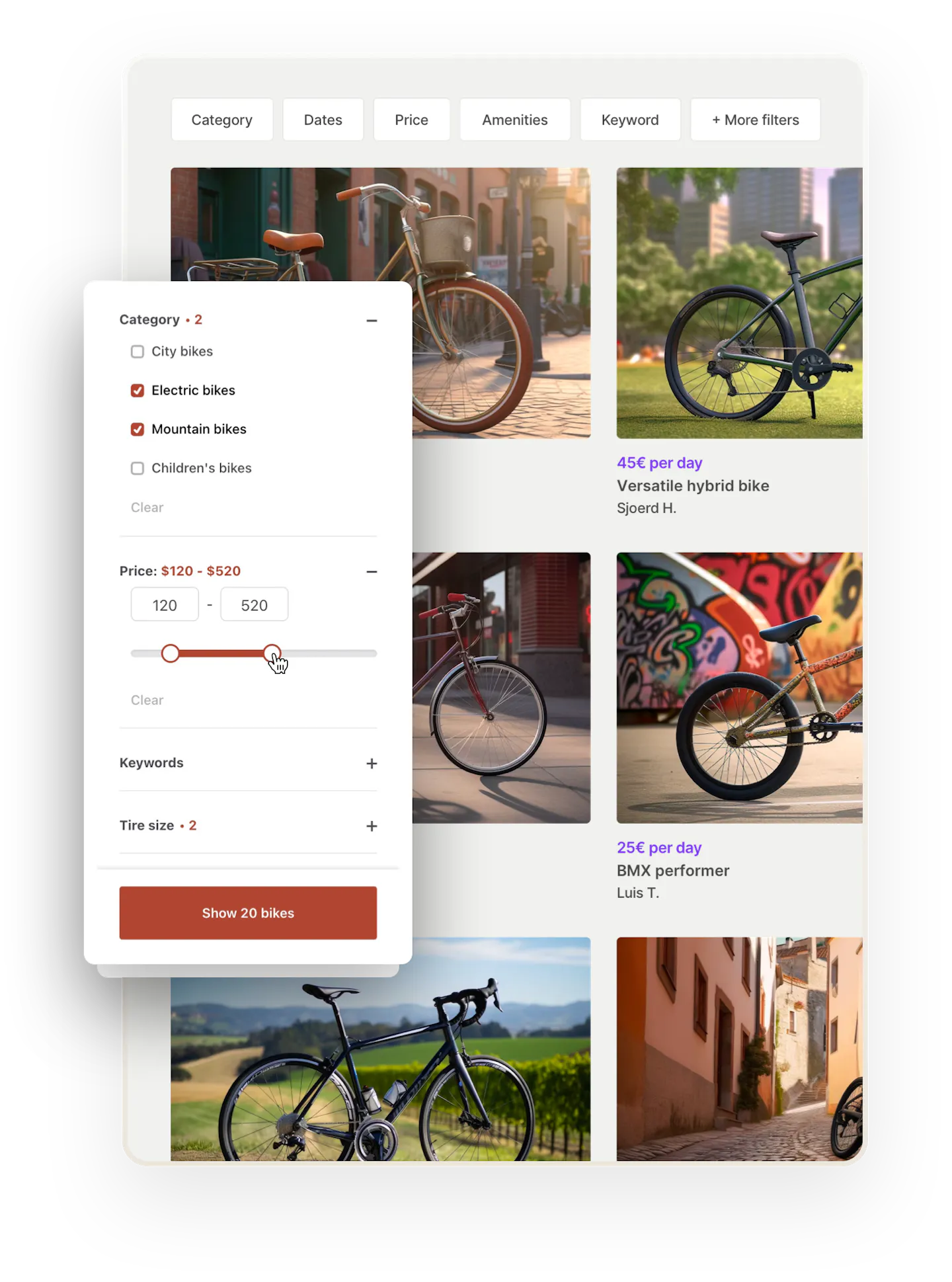 Listings of different bikes on a bike rental marketplace built with Sharetribe's marketplace software. Overlaid on top is a box with search filters. You can filter by category, price, keywords, and tire size.