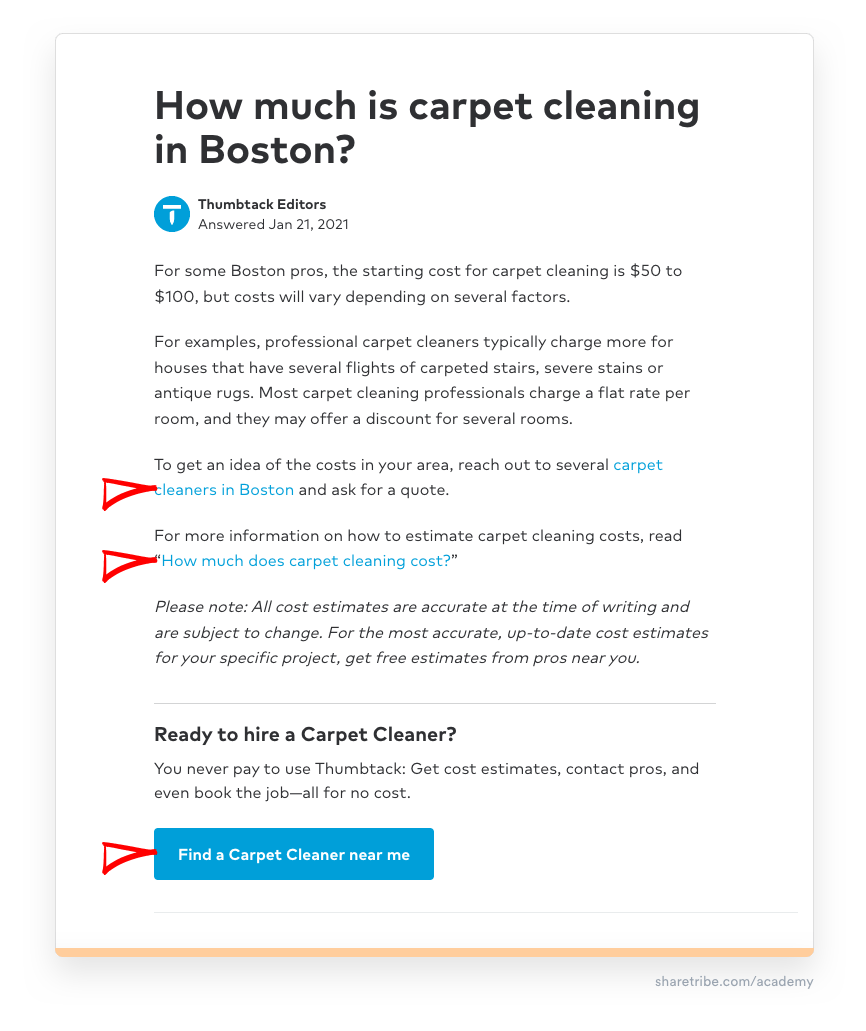 Screenshot of Thumbtack's content with keyword-rich internal links.