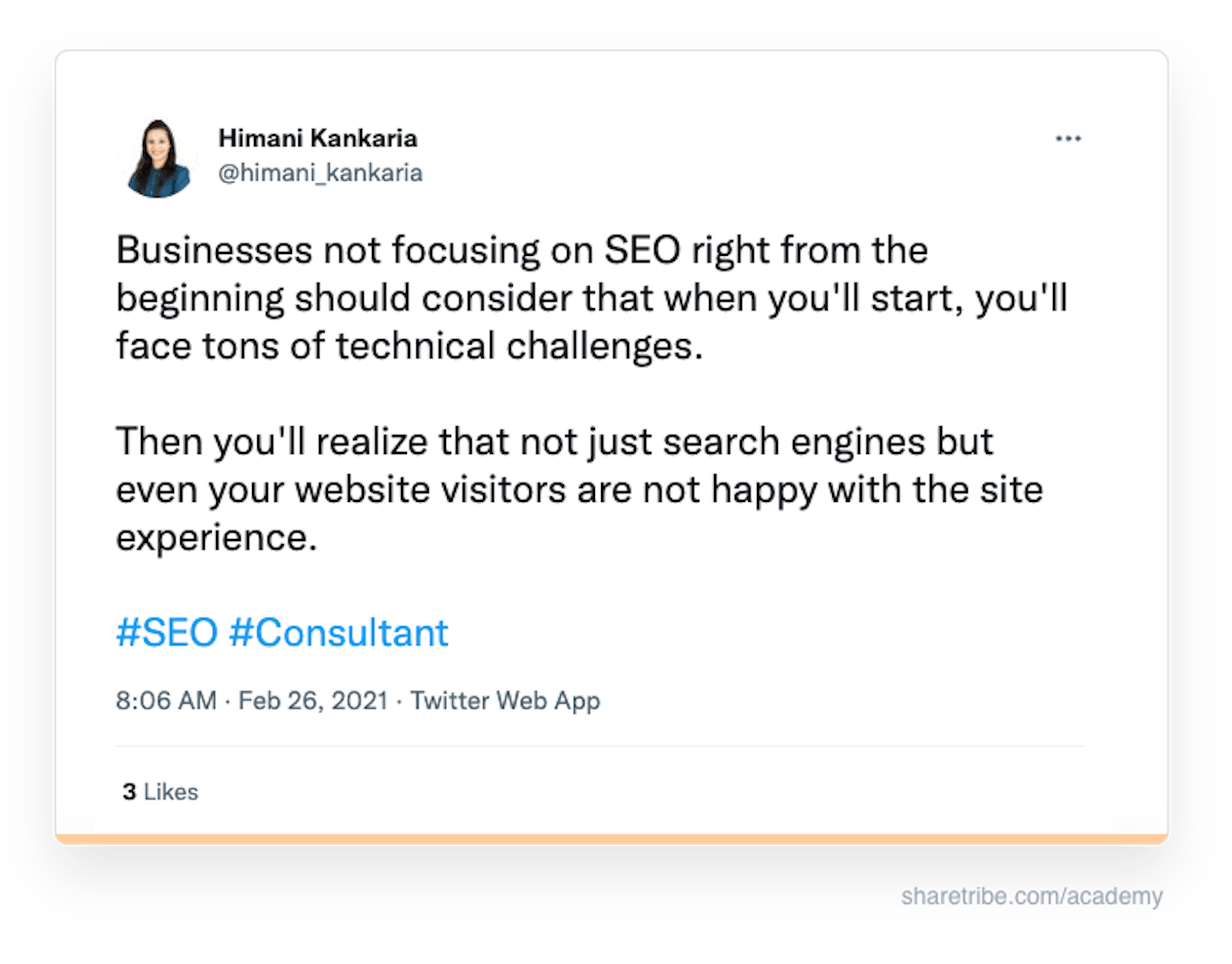Screenshot of Himani Kankaria's tweet about focusing on SEO from the start.