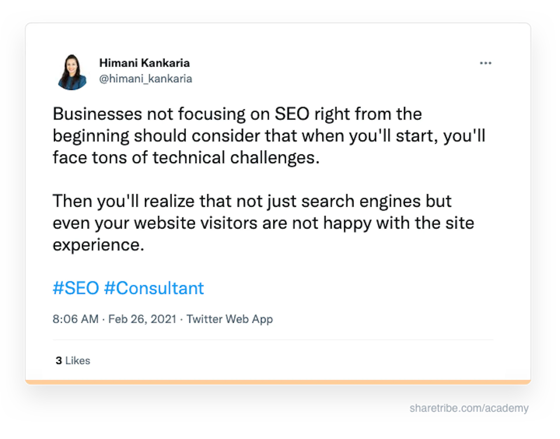 Screenshot of Himani Kankaria's tweet about focusing on SEO from the start.