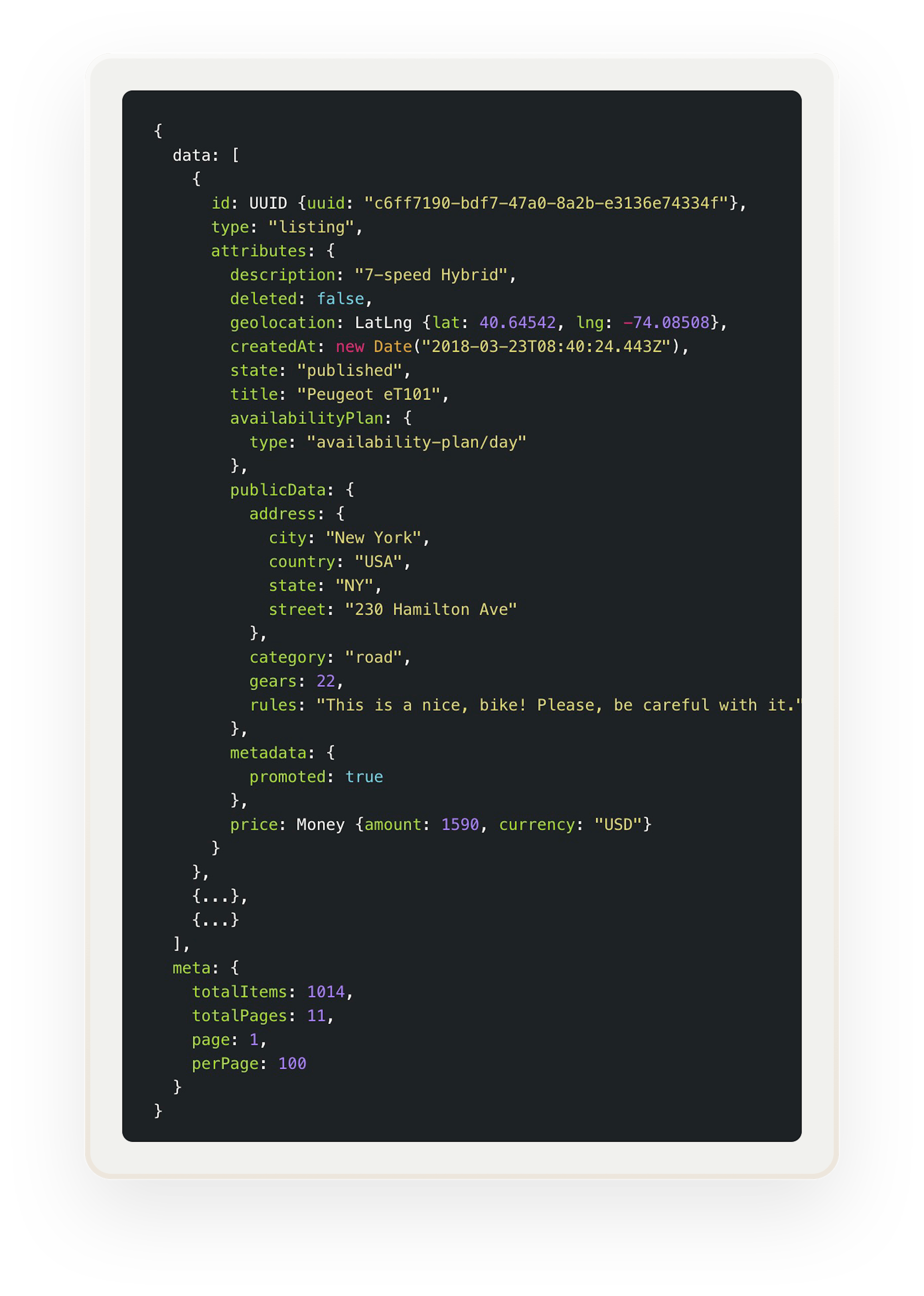 A snippet of React code, a technology Sharetribe uses. The snippet shows listing data.