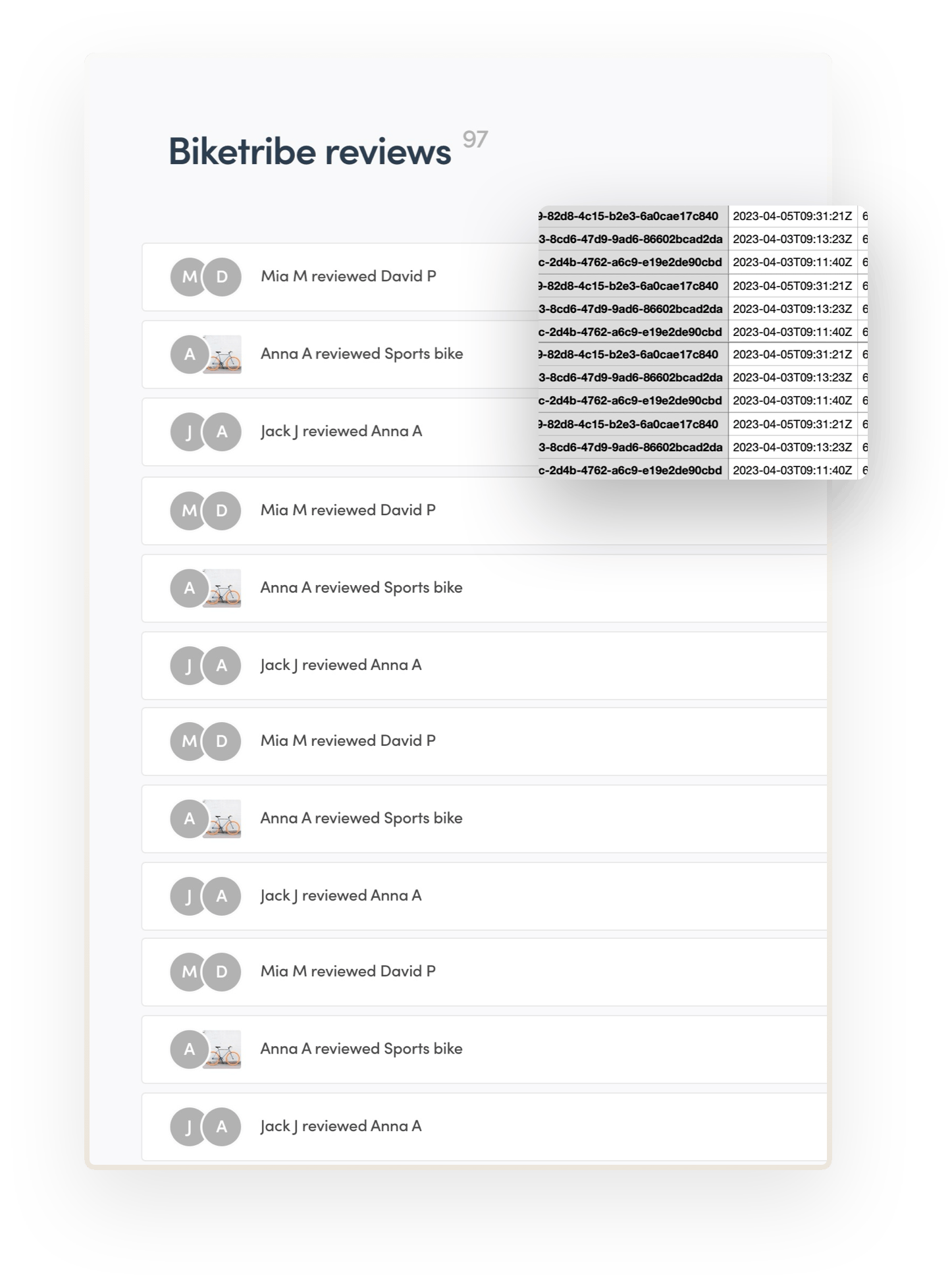 Sharetribe Console opens to the review management page. There are multiple reviews listed on the page. Overlaid on top is an image of a CSV file with corresponding review data.