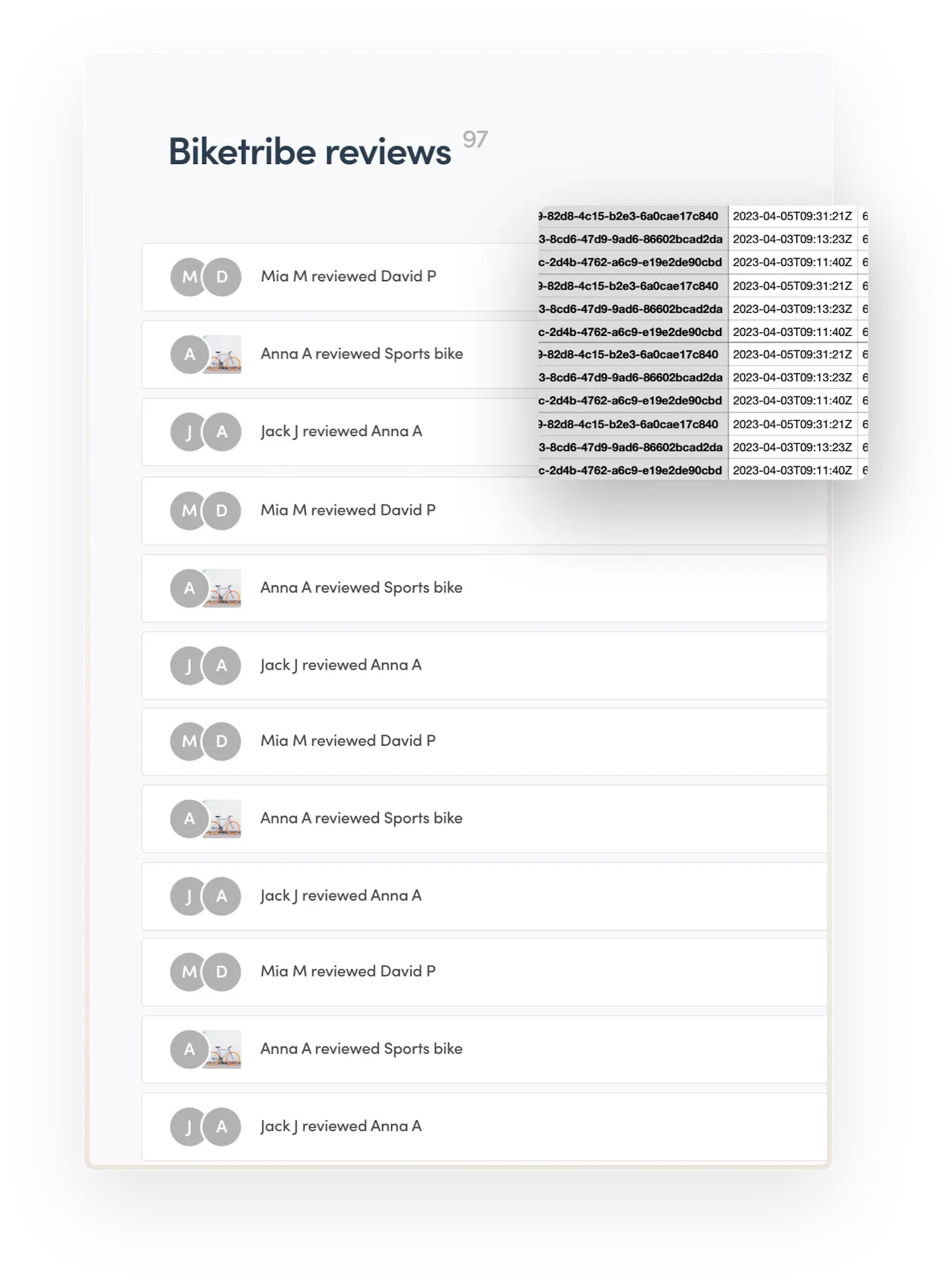 Sharetribe Console opens to the review management page. There are multiple reviews listed on the page. Overlaid on top is an image of a CSV file with corresponding review data.