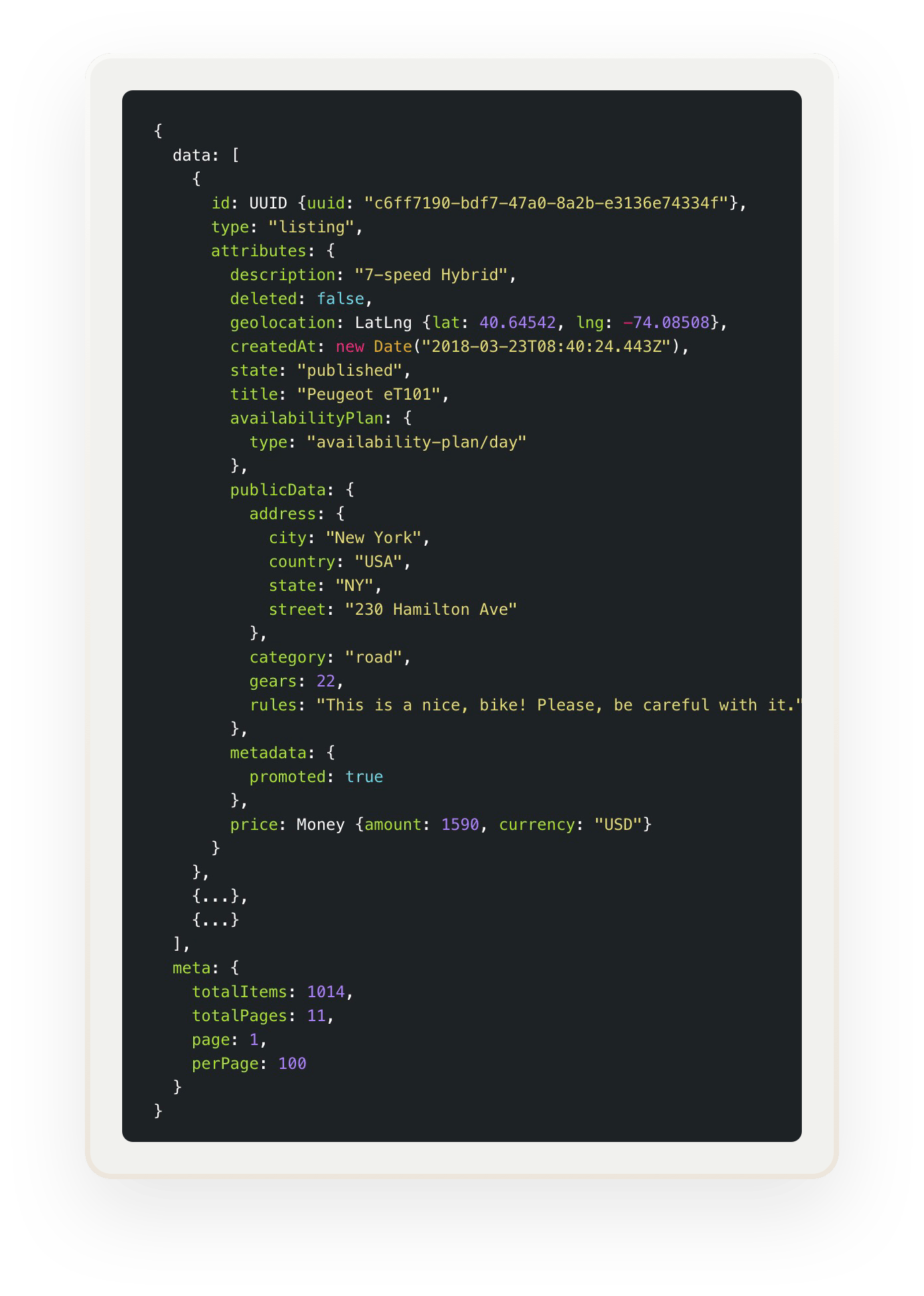 A snippet of React code, a technology Sharetribe uses. The snippet shows listing data.