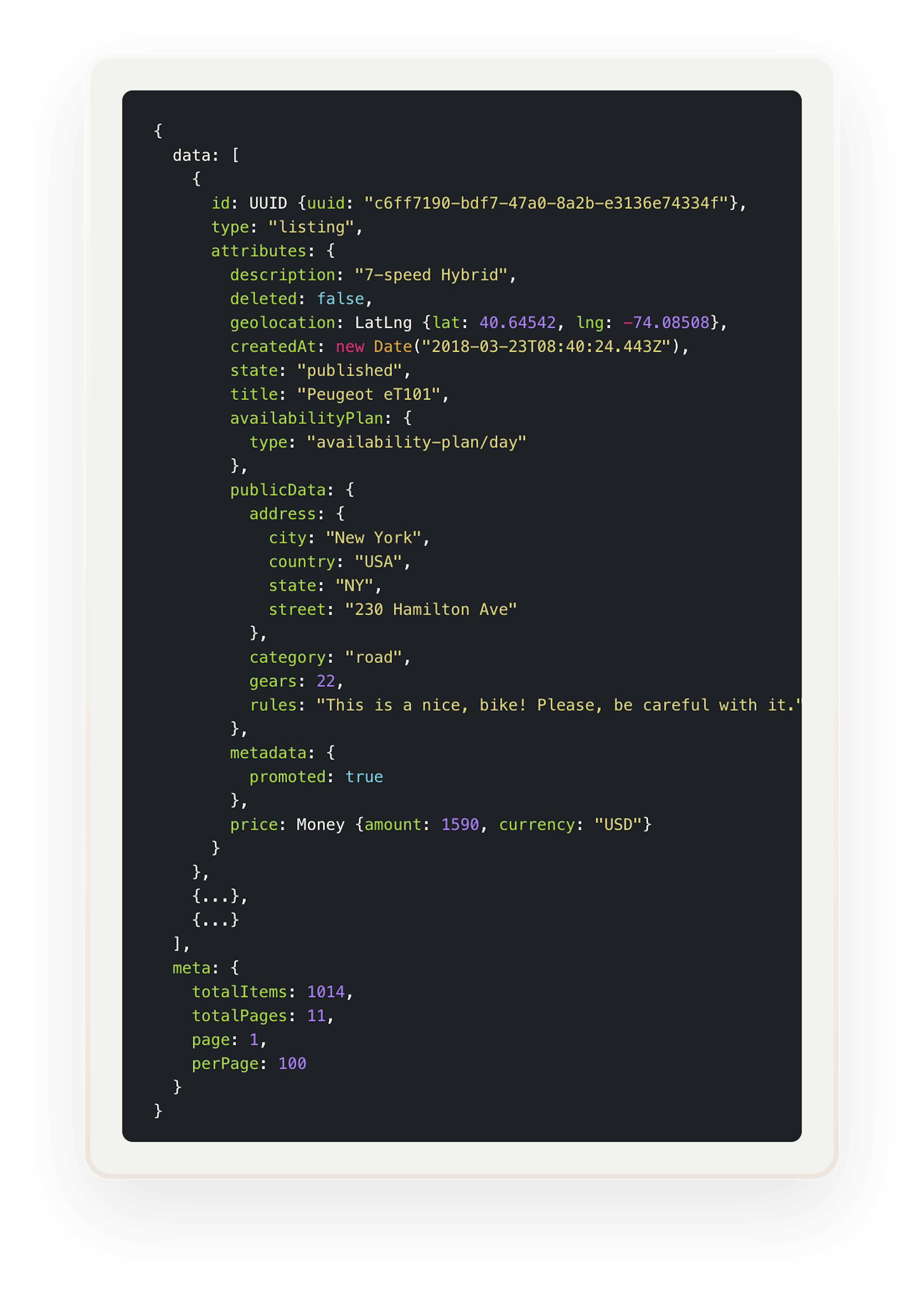 A snippet of React code, a technology Sharetribe uses. The snippet shows listing data.
