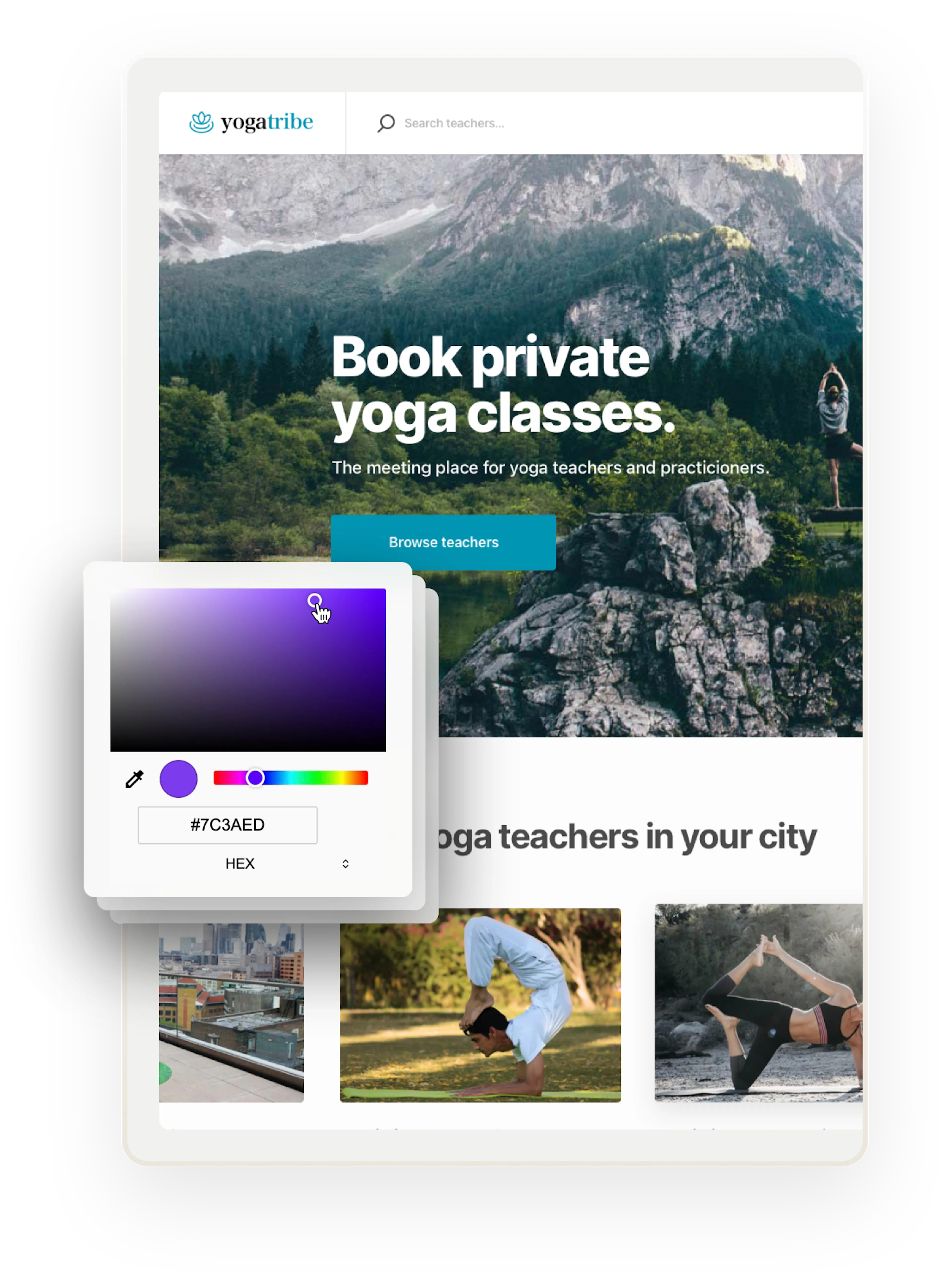 A snapshot of the Yogatribe service marketplace home page. On top, there are multiple boxes overlaid. The one on top shows a color selector.