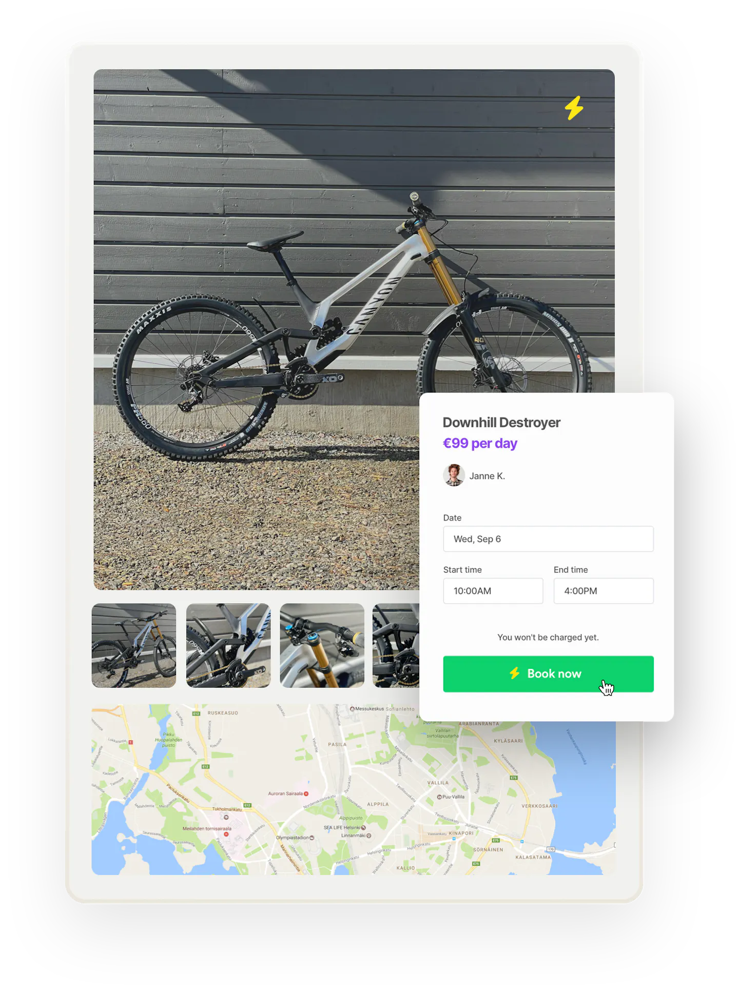 A listing with images and a map. Overlaid on top is a booking form. Instead of making a booking request, the customer is prompted to book now. The button also has a lightning symbol for emphasis.