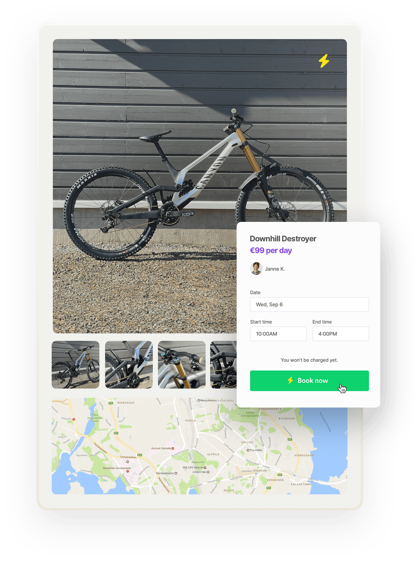 A listing with images and a map. Overlaid on top is a booking form. Instead of making a booking request, the customer is prompted to book now. The button also has a lightning symbol for emphasis.
