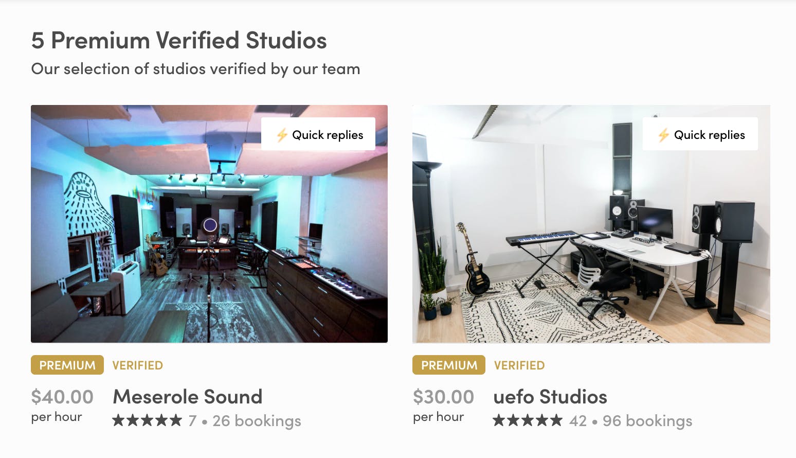 Screenshot from Studiotime marketplace showing the images and five-star ratings of two verified listings.