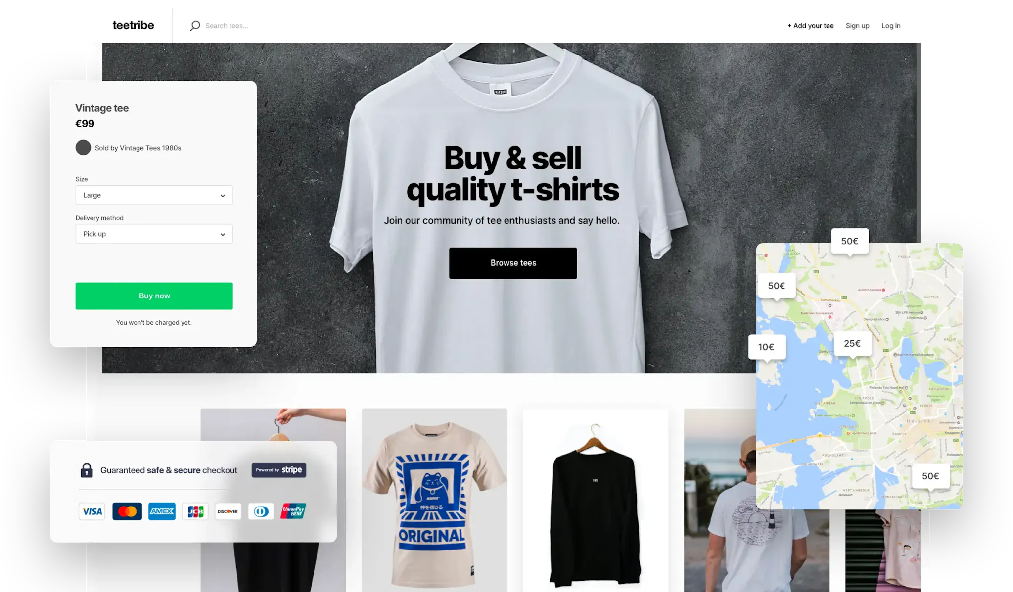 The landing page of a Sharetribe sample marketplace for selling t-shirts called Teetribe. Overlaid is a purchase form on the marketplace, a box showcasing payment methods available with Stripe, and a map box.