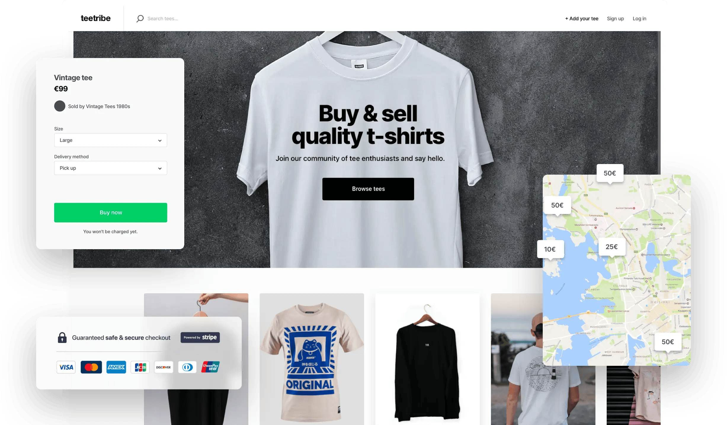 The landing page of a Sharetribe sample marketplace for selling t-shirts called Teetribe. Overlaid is a purchase form on the marketplace, a box showcasing payment methods available with Stripe, and a map box.