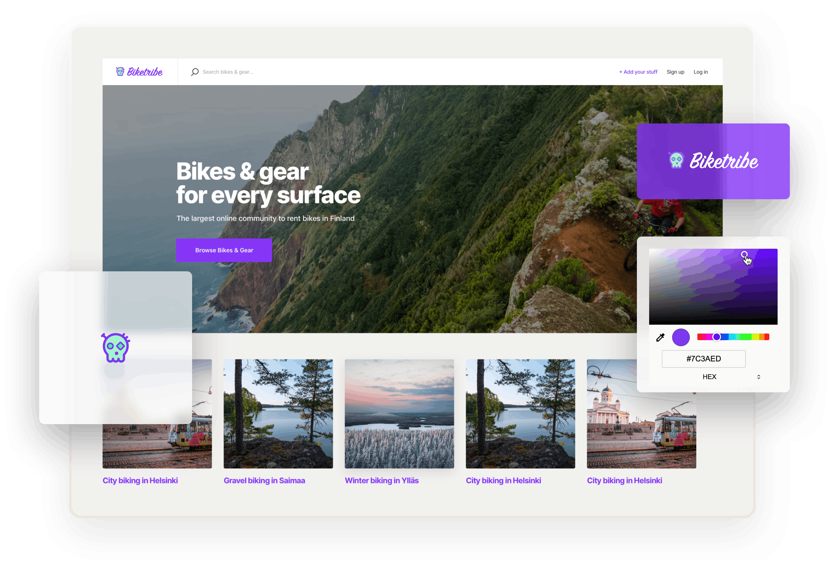 A landing page for a sample Shareribe marketplace for renting bikes called Biketribe. Overlaid on the landing page are boxes with the Biketribe logo and a color picker to exemplify the no-code tools of Sharetribe.