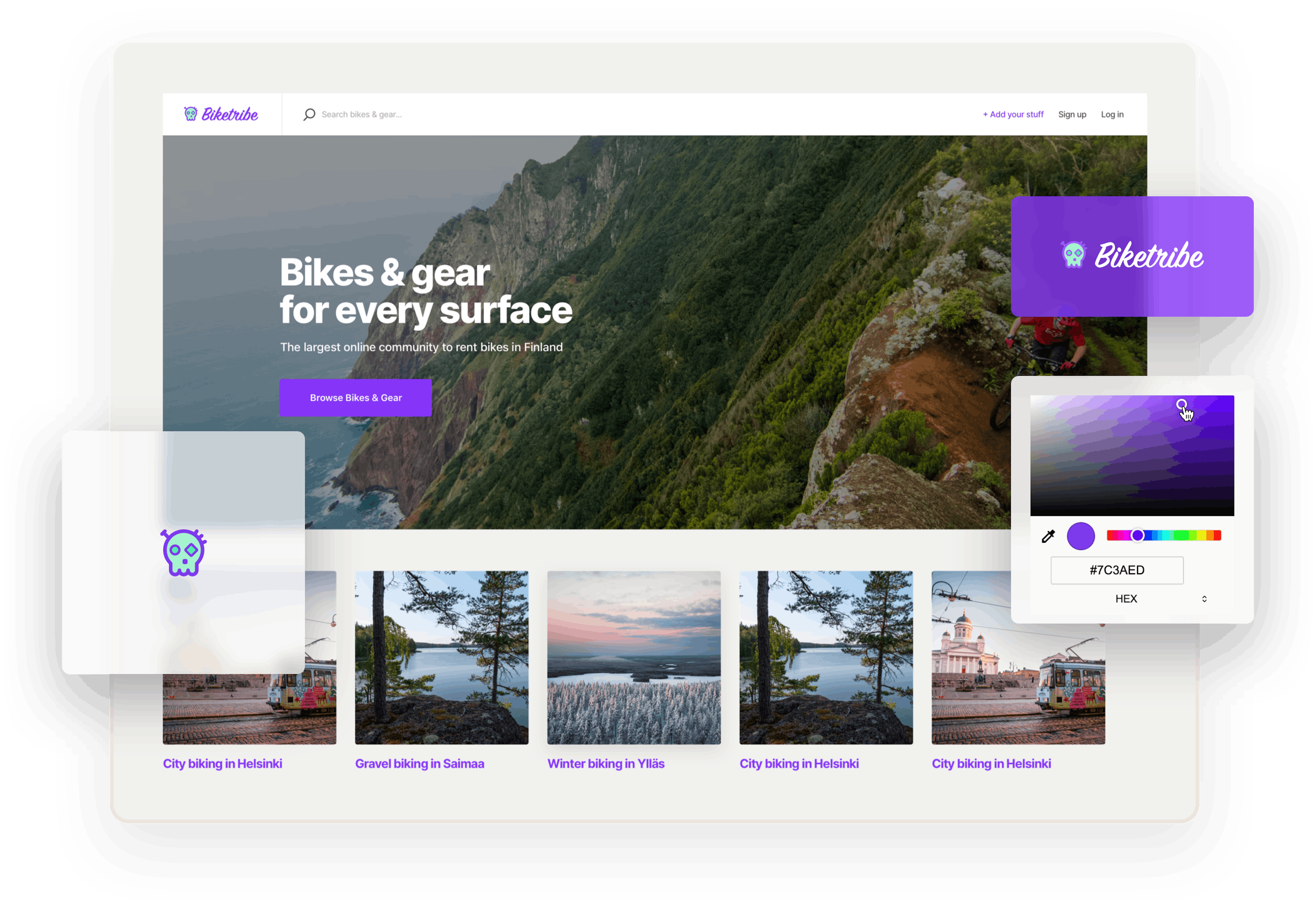 A landing page for a sample Shareribe marketplace for renting bikes called Biketribe. Overlaid on the landing page are boxes with the Biketribe logo and a color picker to exemplify the no-code tools of Sharetribe.