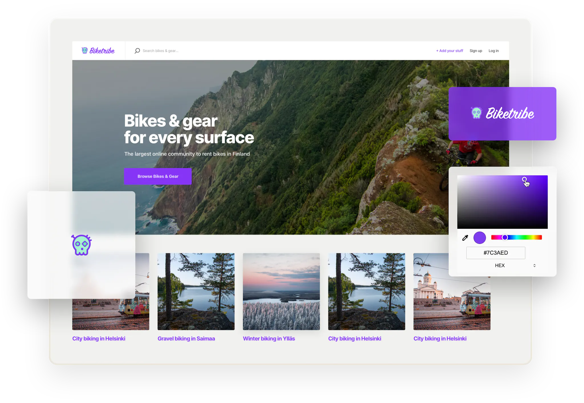 A landing page for a sample Shareribe marketplace for renting bikes called Biketribe. Overlaid on the landing page are boxes with the Biketribe logo and a color picker to exemplify the no-code tools of Sharetribe.