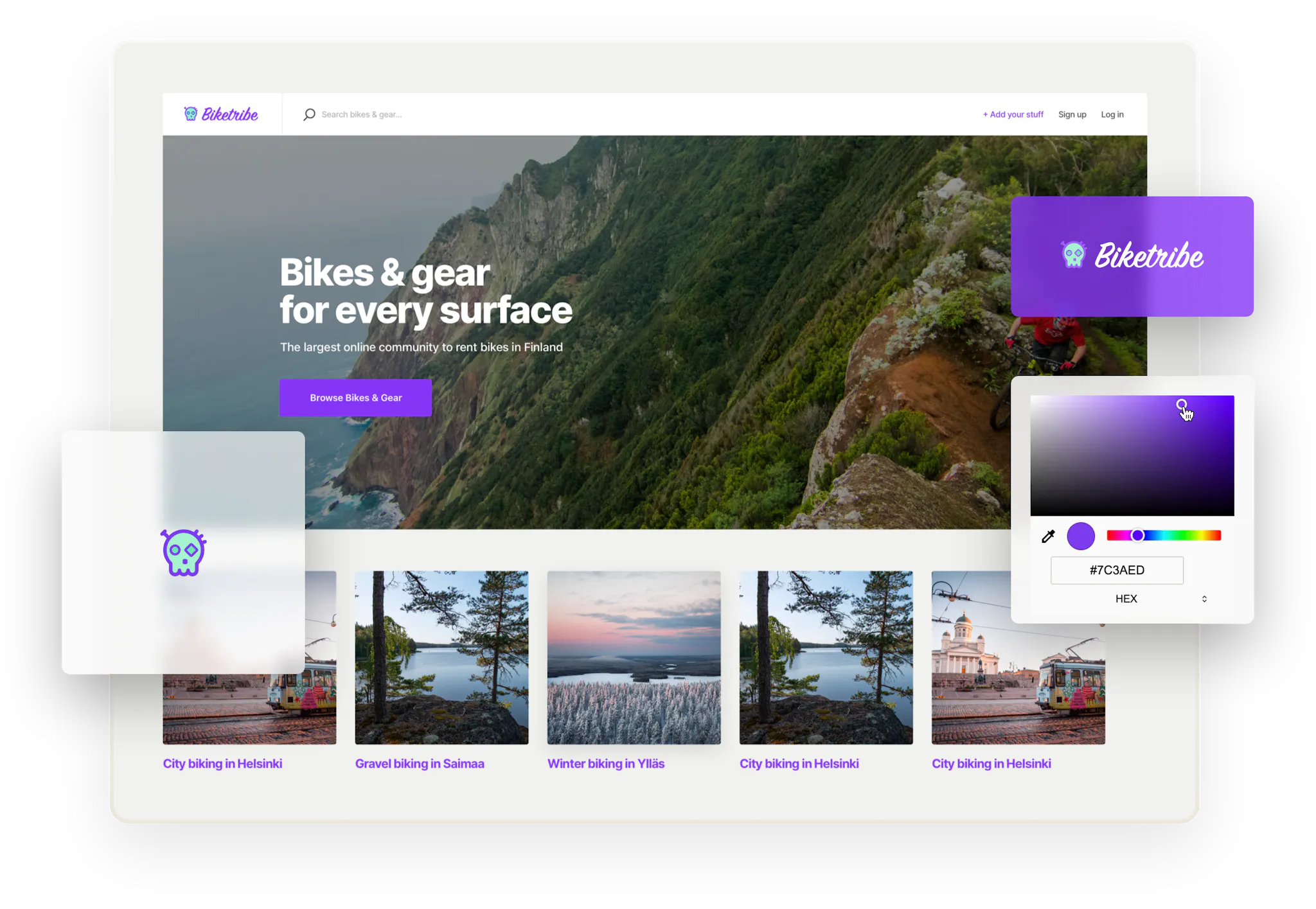 A landing page for a sample Shareribe marketplace for renting bikes called Biketribe. Overlaid on the landing page are boxes with the Biketribe logo and a color picker to exemplify the no-code tools of Sharetribe.