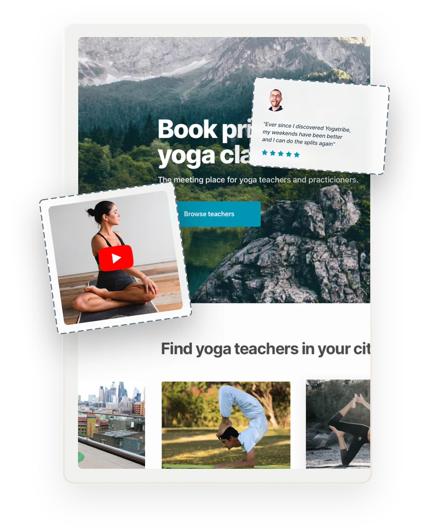 A snapshot of a landing page for a sample yoga class marketplace called Yogatribe. An image of a 5-star review and a video thumbnail are overlaid on top.