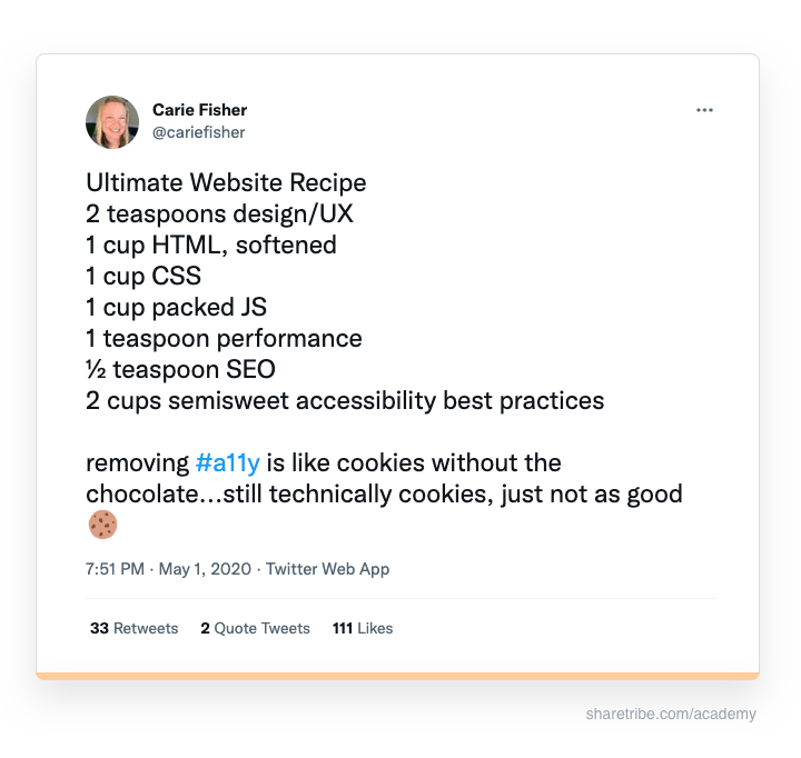 Carie Fisher's tweet about the importance of accessibility in website development.