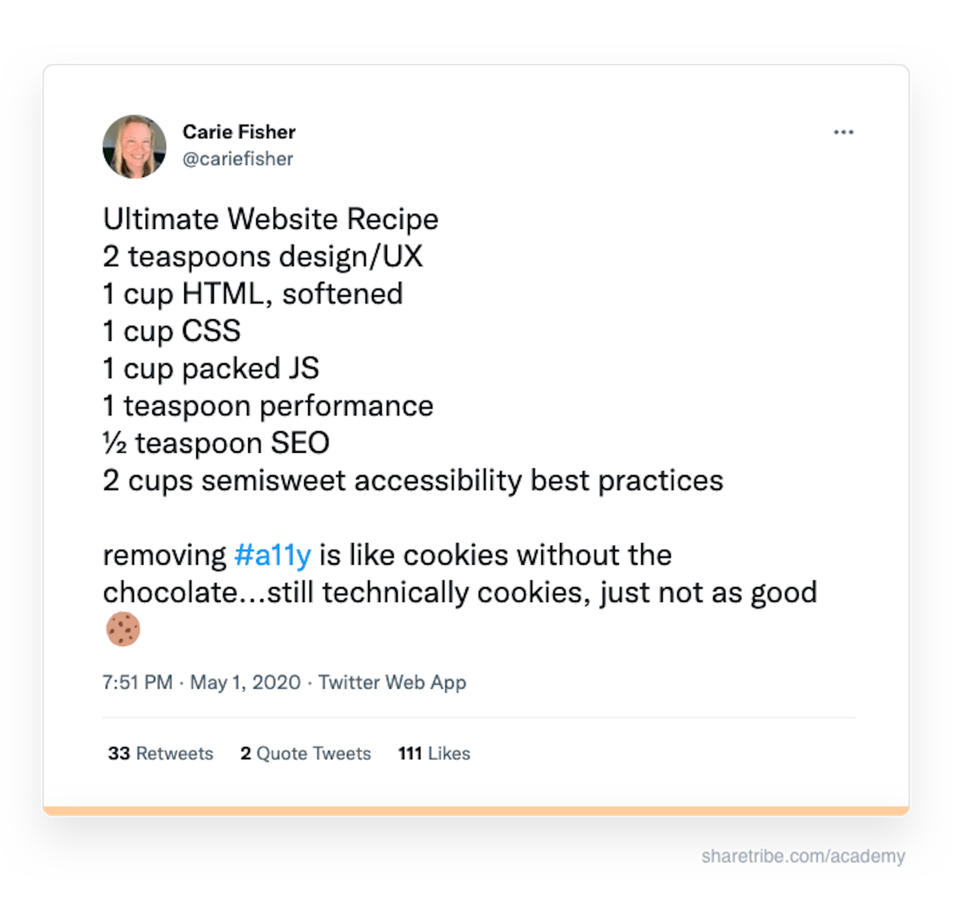 Carie Fisher's tweet about the importance of accessibility in website development.