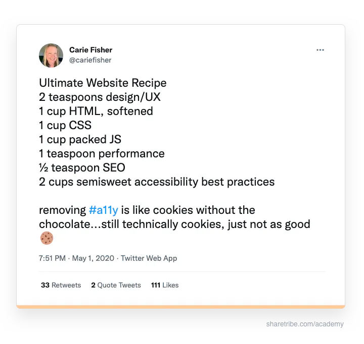 Carie Fisher's tweet about the importance of accessibility in website development.