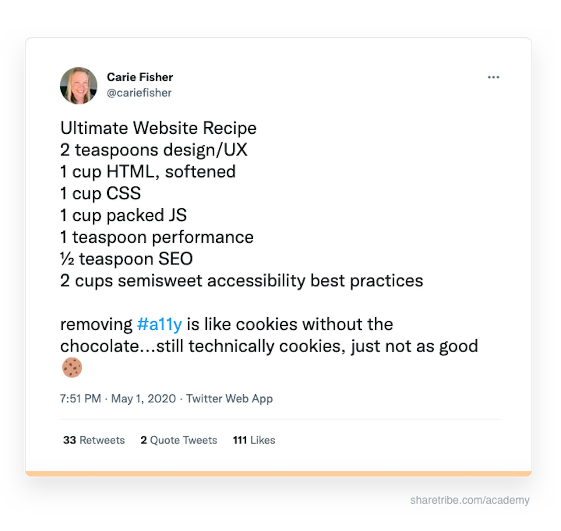 Carie Fisher's tweet about the importance of accessibility in website development.