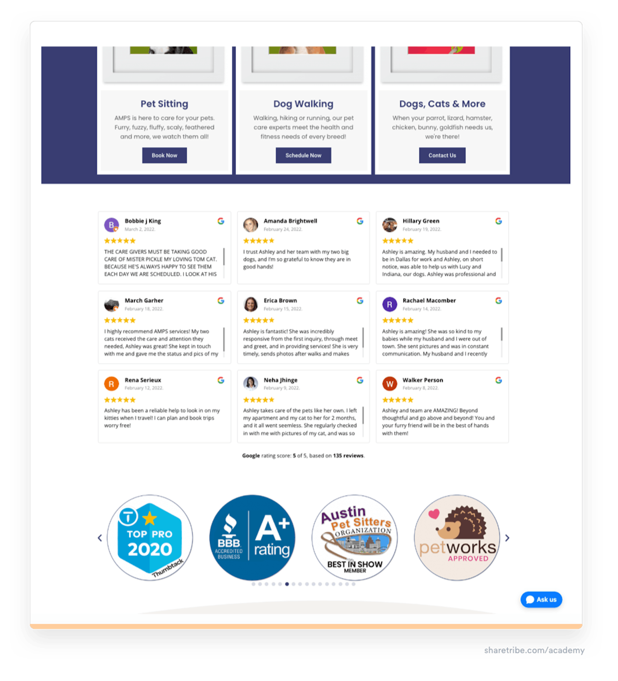 Screenshot of Petwork's badge appearing on a provider's homepage.