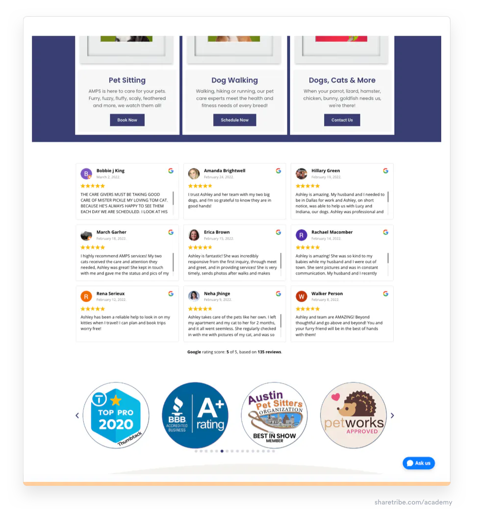 Screenshot of Petwork's badge appearing on a provider's homepage.