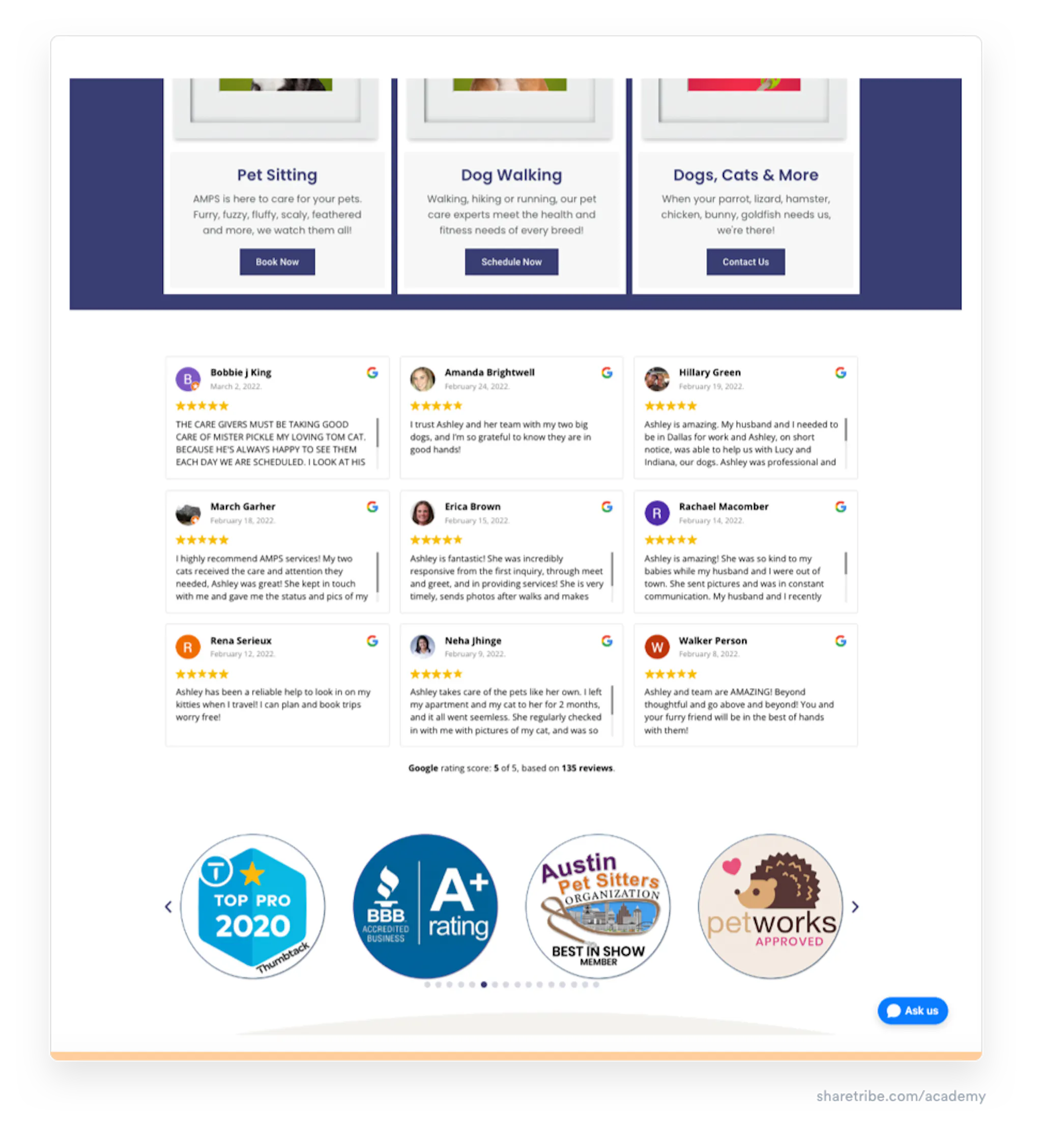 Screenshot of Petwork's badge appearing on a provider's homepage.