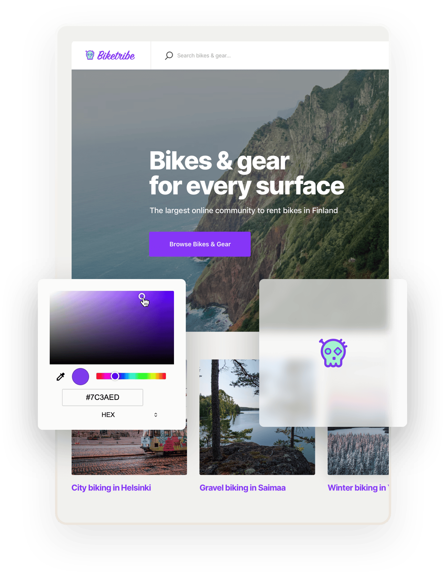A snapshot of a bike rental marketplace home page built with Sharetribe's marketplace software. The page says, "Bikes and gear for every surface!" On top, there is a color selector box and a box with the marketplace's logo: a stylized skull.