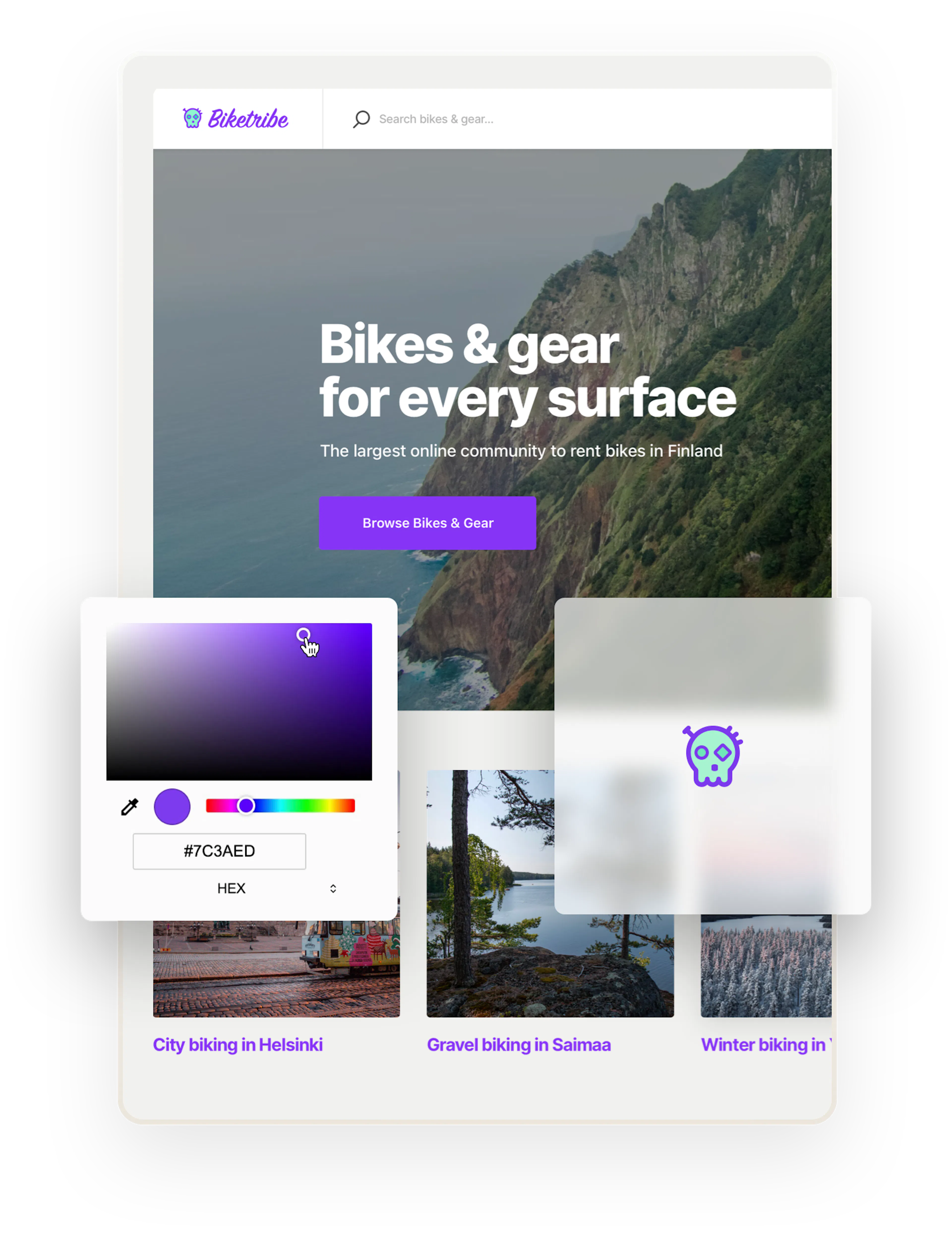 A snapshot of a bike rental marketplace home page. The page says, "Bikes and gear for every surface!" On top, there is a color selector box and a box with the marketplace's logo: a stylized skull.