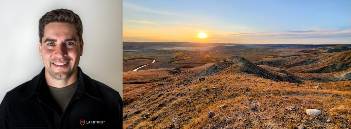 Two images: Nic de Castro smiling at the camera, wearing a LandTrust branded shirt. A landscape photo of a Montana desert in sunset.