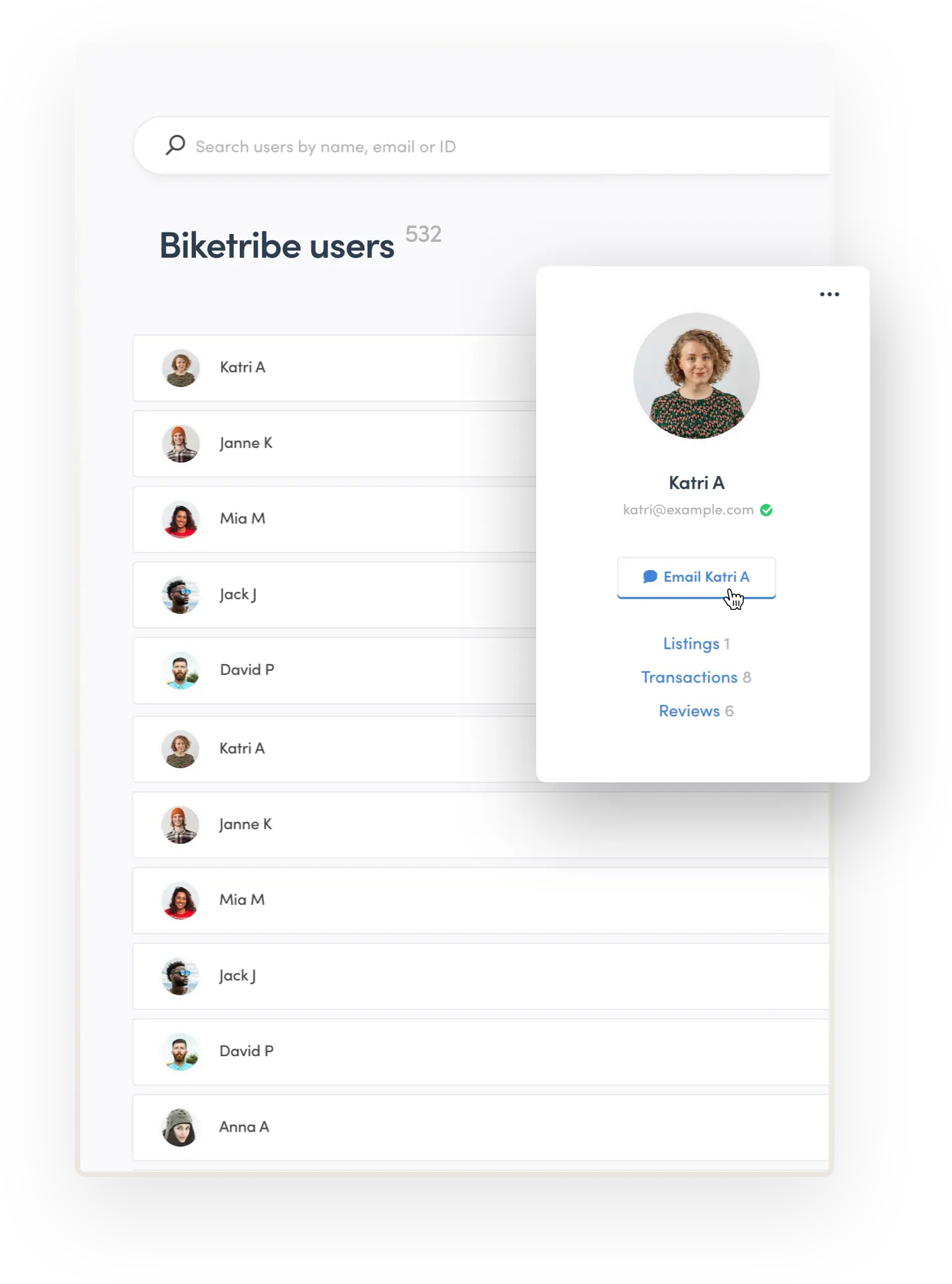 The marketplace operator is about to email the user Katri. They're clicking the Email Katri button beneath Katri's image and name in Console.