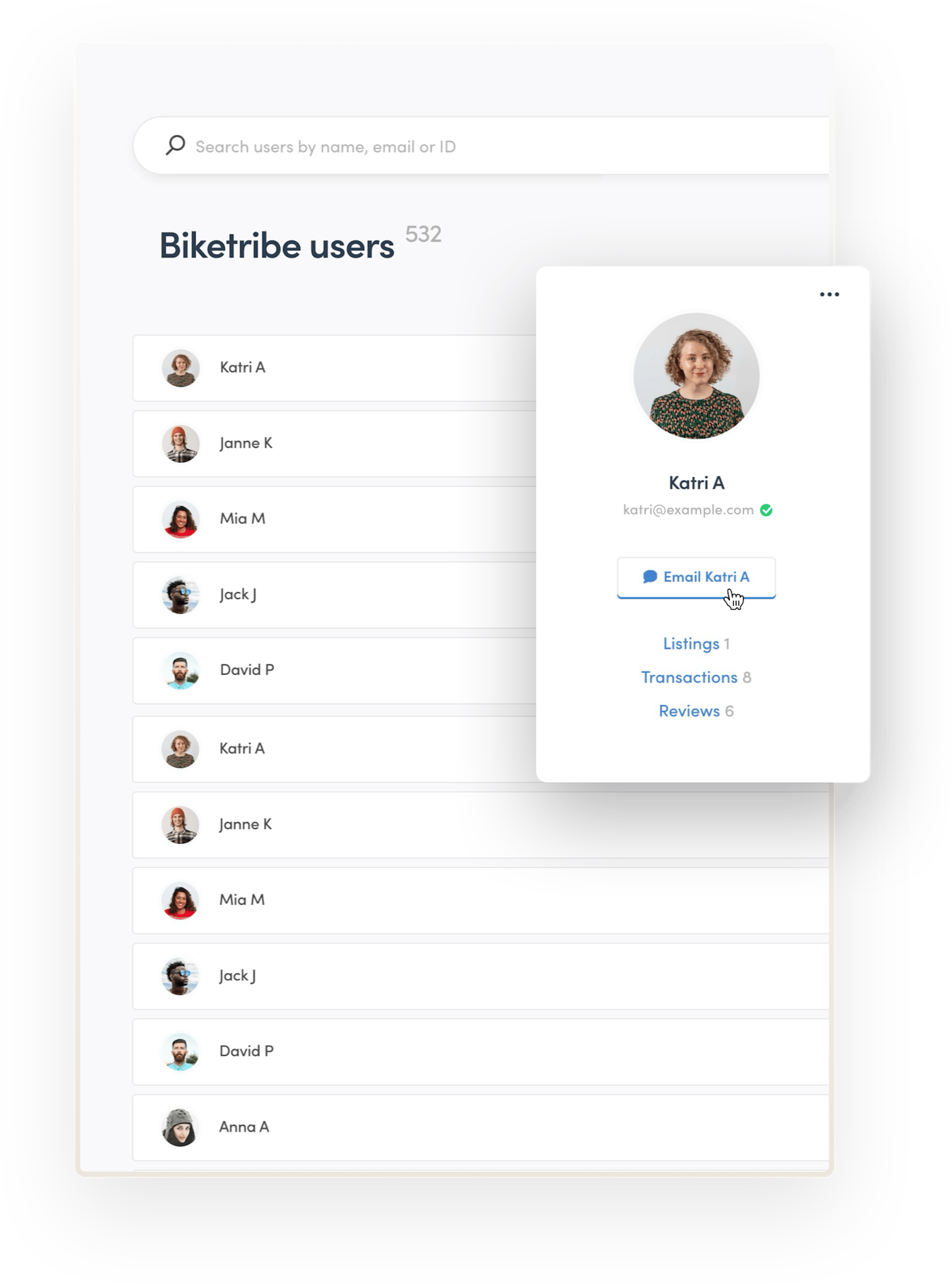 The marketplace operator is about to email the user Katri. They're clicking the Email Katri button beneath Katri's image and name in Console.