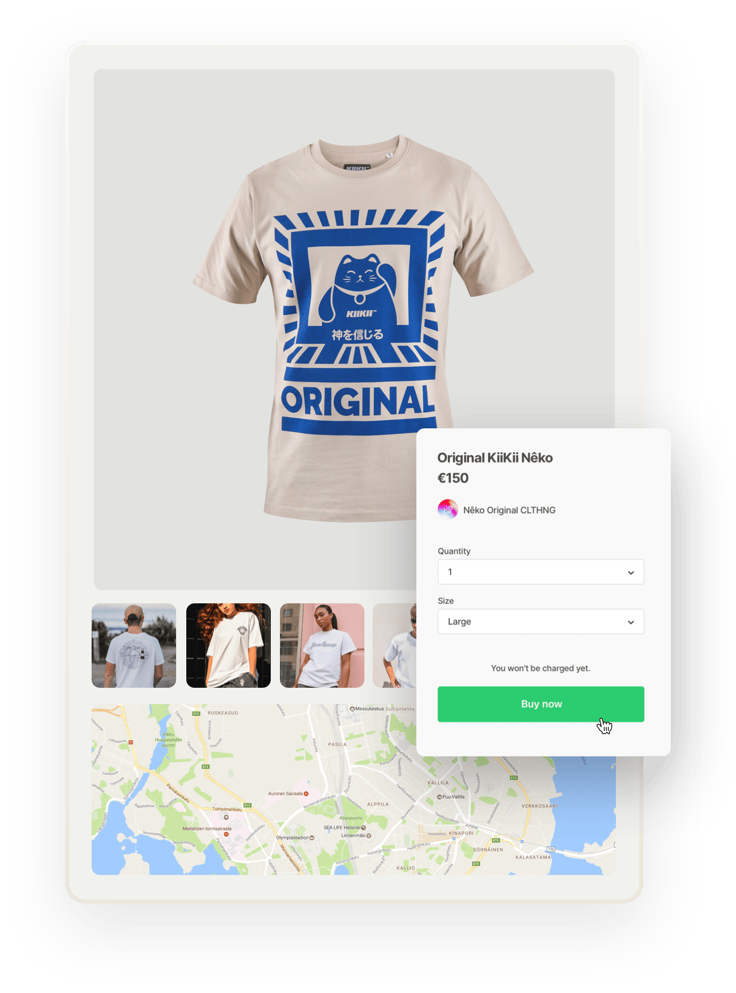 An image displaying the different elements of a listing page: images, a map, and a purchase form.