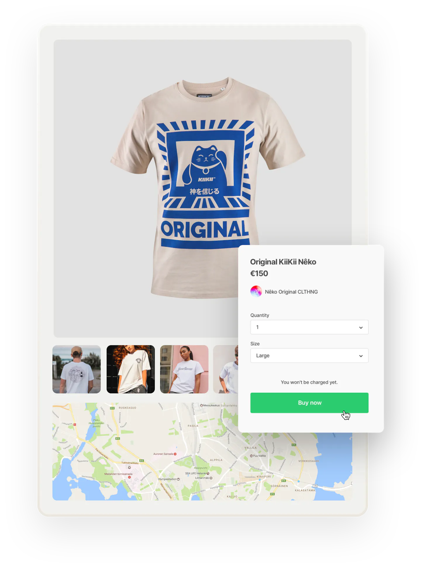 An image displaying the different elements of a listing page: images, a map, and a purchase form.