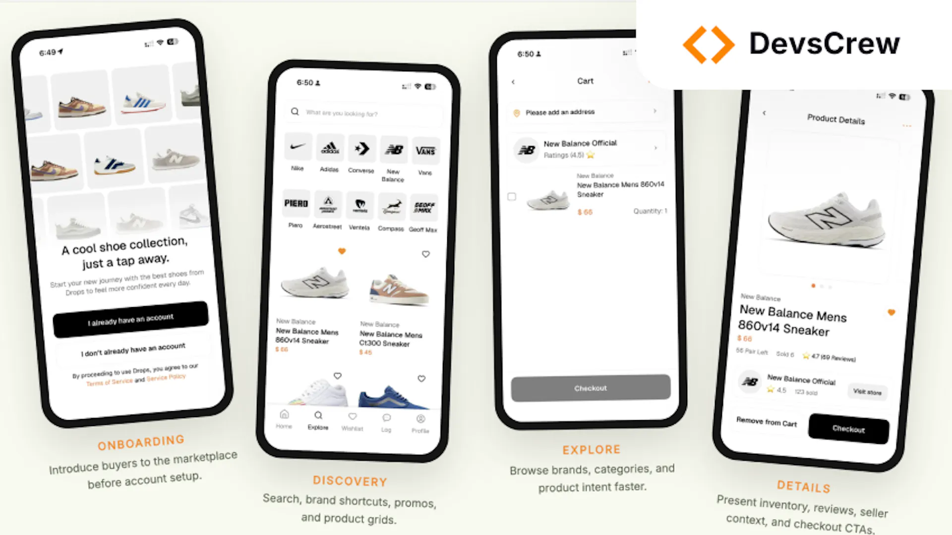 Examples of pages on a Devs Crew powered Sharetribe mobile app for sneakers.