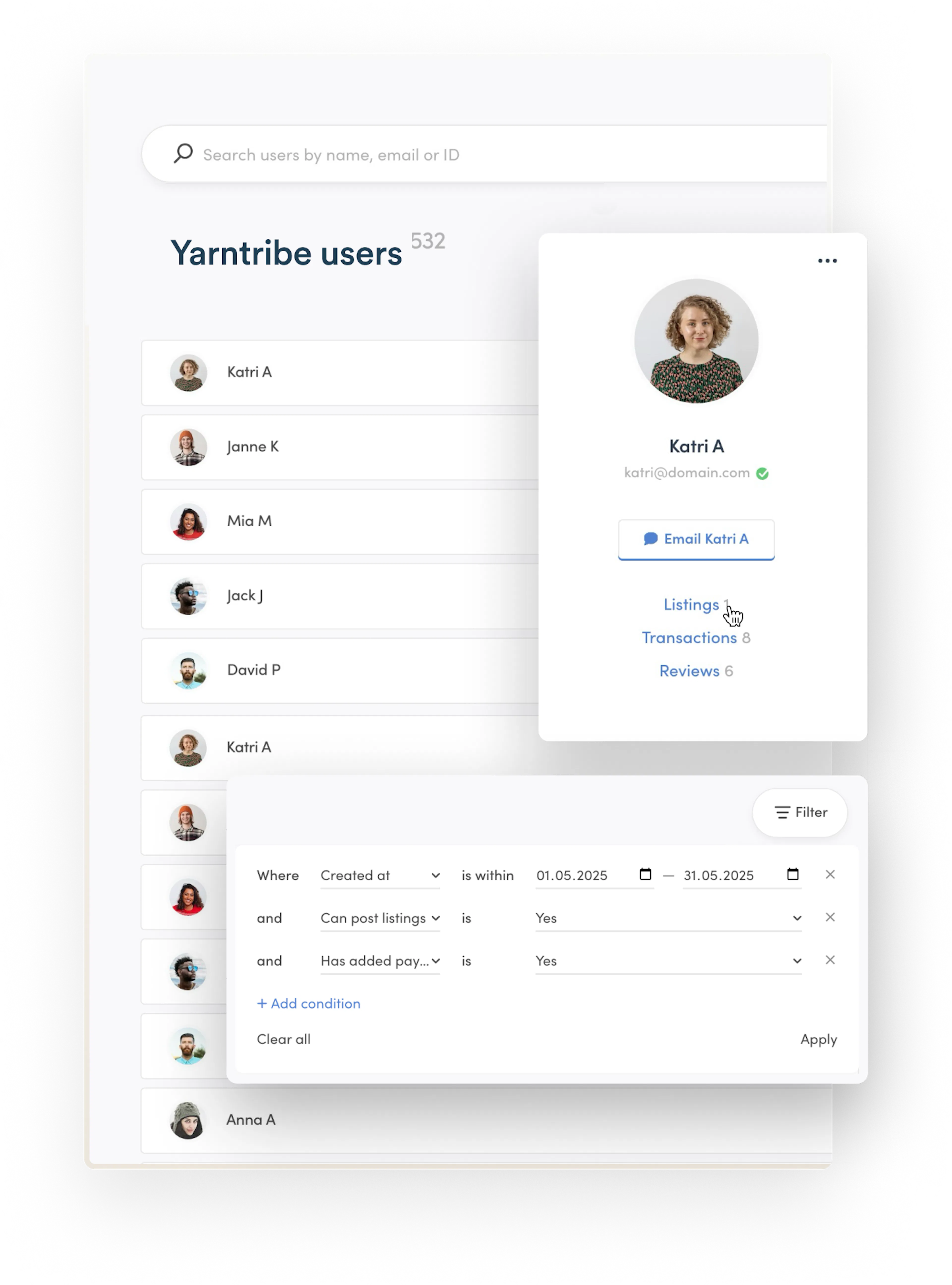 Yarntribe user management page in Console overlaid by a filtered search for users who joined in May 2025, can post listings, and have added payout details.