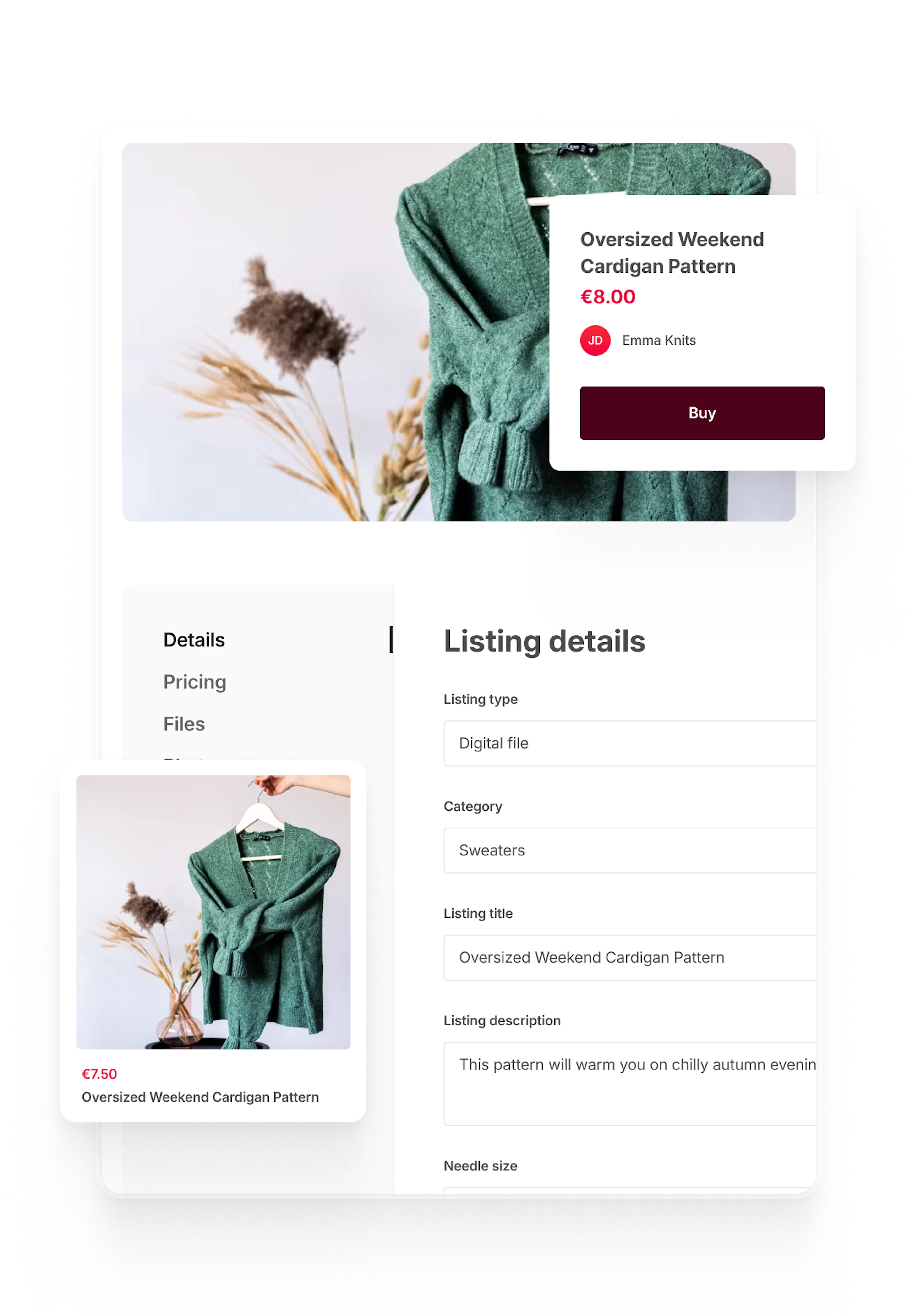 A seller is creating a listing for a cardigan pattern. The listing image is of a lovely green cardigan.