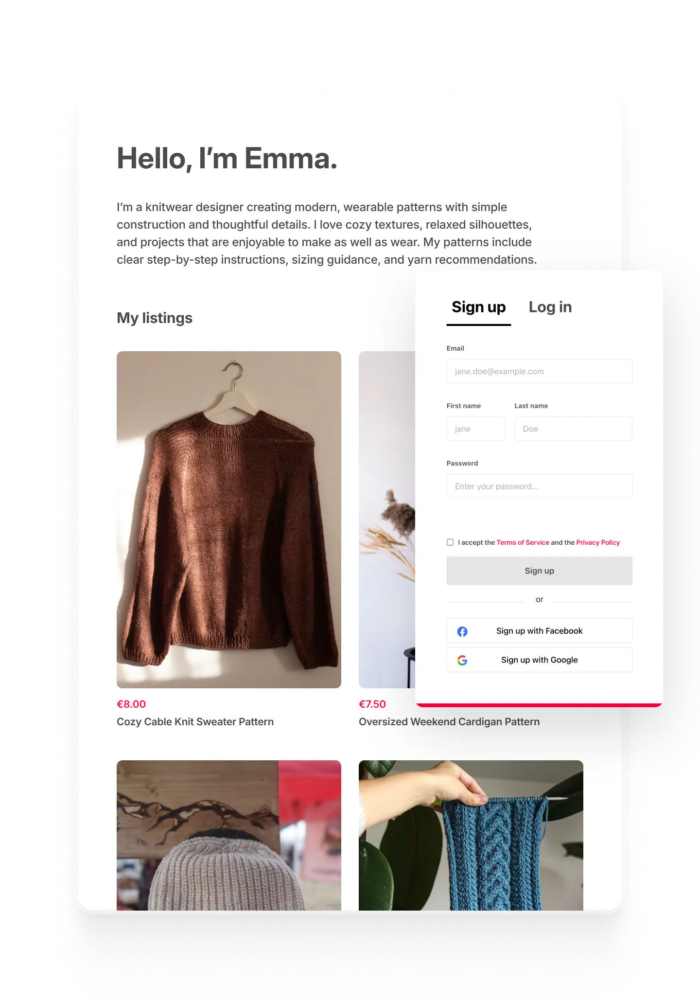 A seller's profile page with a description and all their listings. Overlaid is the signup form for the Yarntribe marketplace with also Google and Facebook login as options.