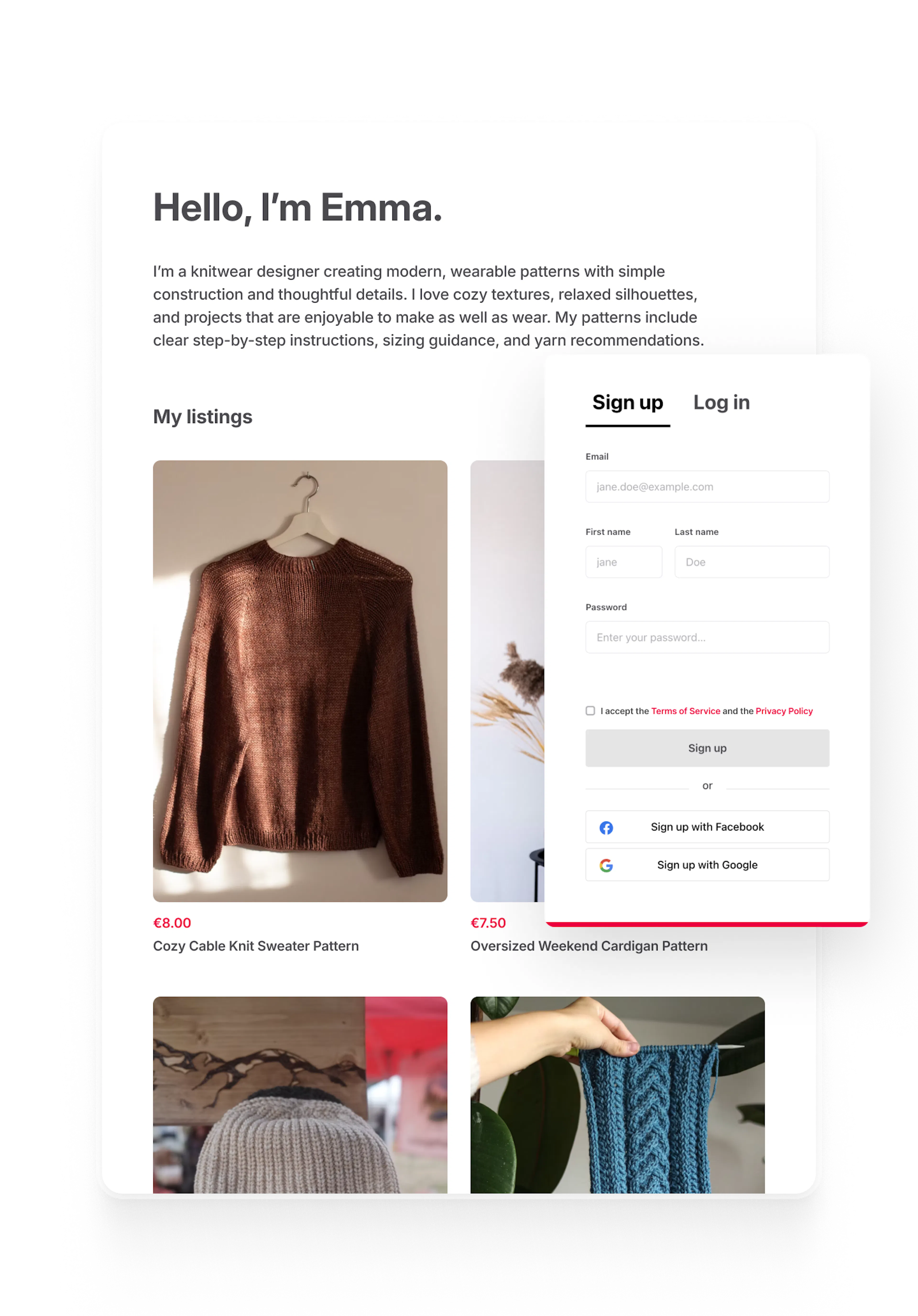 A seller's profile page with a description and all their listings. Overlaid is the signup form for the Yarntribe marketplace with also Google and Facebook login as options.