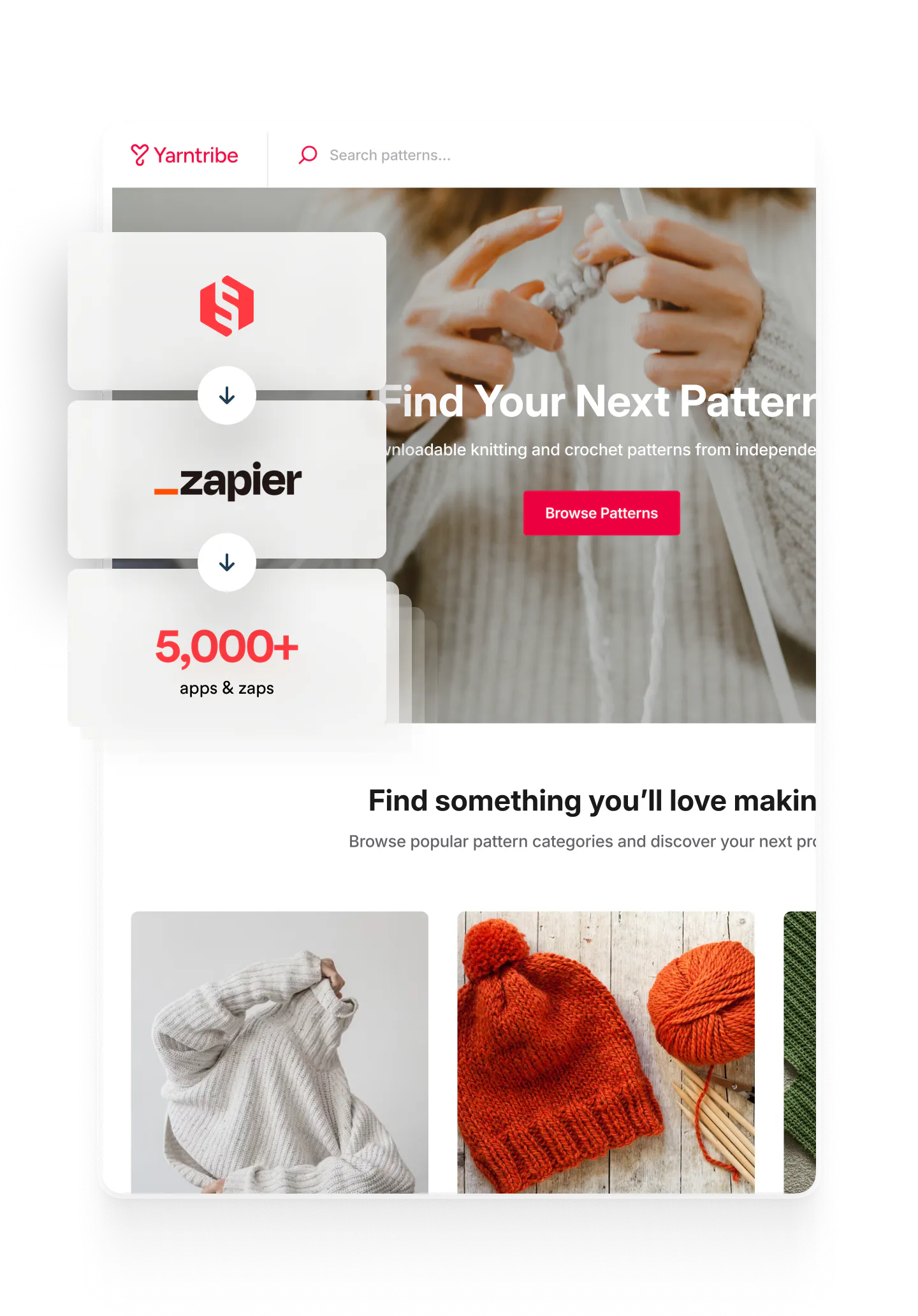 Yarntribe marketplace home page. Overlaid on top are three boxes connected by arrows. The first box has the Sharetribe logo. The second box has the Zapier logo. The third box says 5000+ apps and zaps.