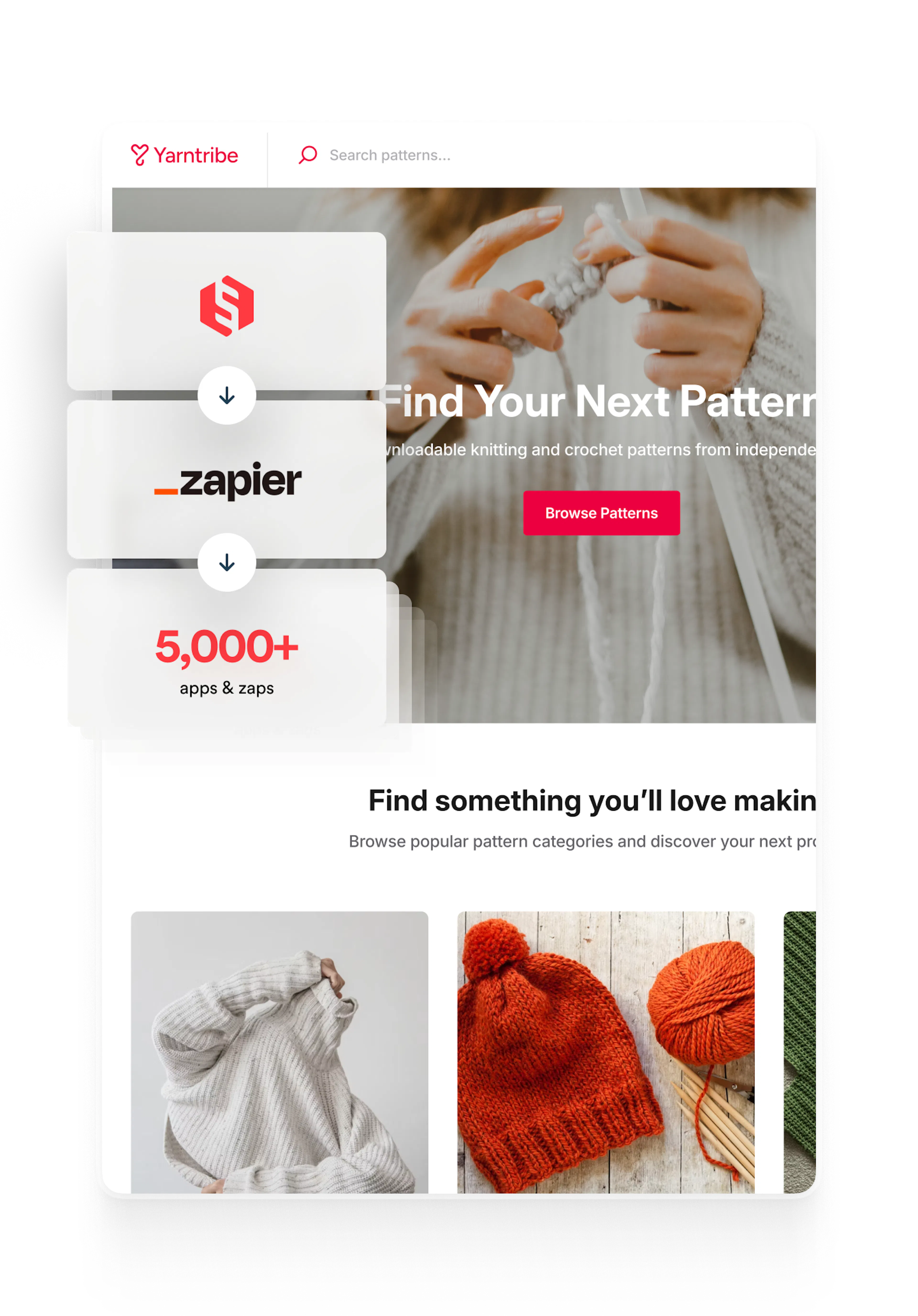 Yarntribe marketplace home page. Overlaid on top are three boxes connected by arrows. The first box has the Sharetribe logo. The second box has the Zapier logo. The third box says 5000+ apps and zaps.
