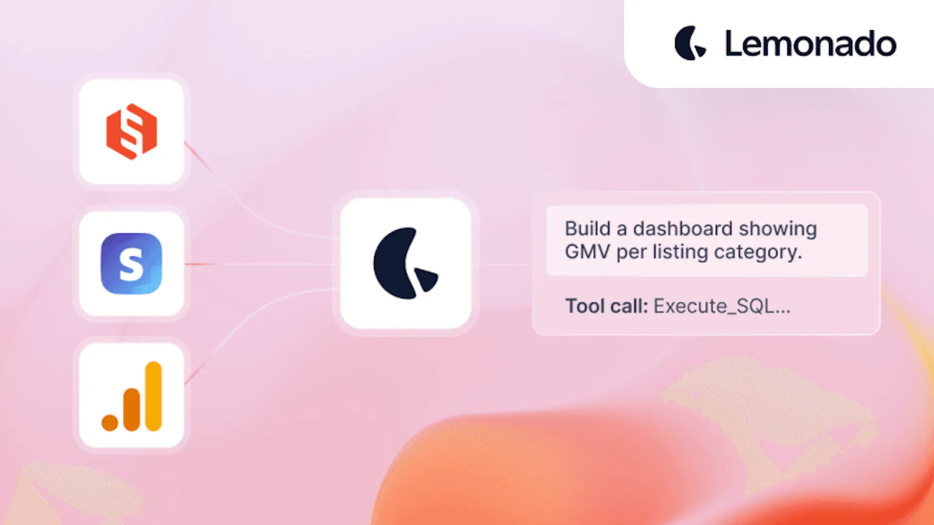 Example of a command to Lemonado, connecting Sharetribe, Stripe, and a sheet tool to "Build a dashboard showing GMV per listing catgeory."