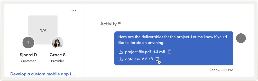 The activity feed of a transaction in Console's transaction management page. The operator is looking at a message in the feed with two attach files that have both download and delete icons.