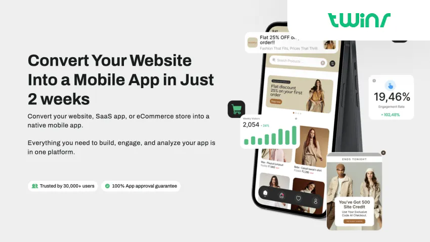 Next to the text "Twinr lets you convert your website into a mobile app in just two weeks." there's a mobile phone with a Twinr-powered app.