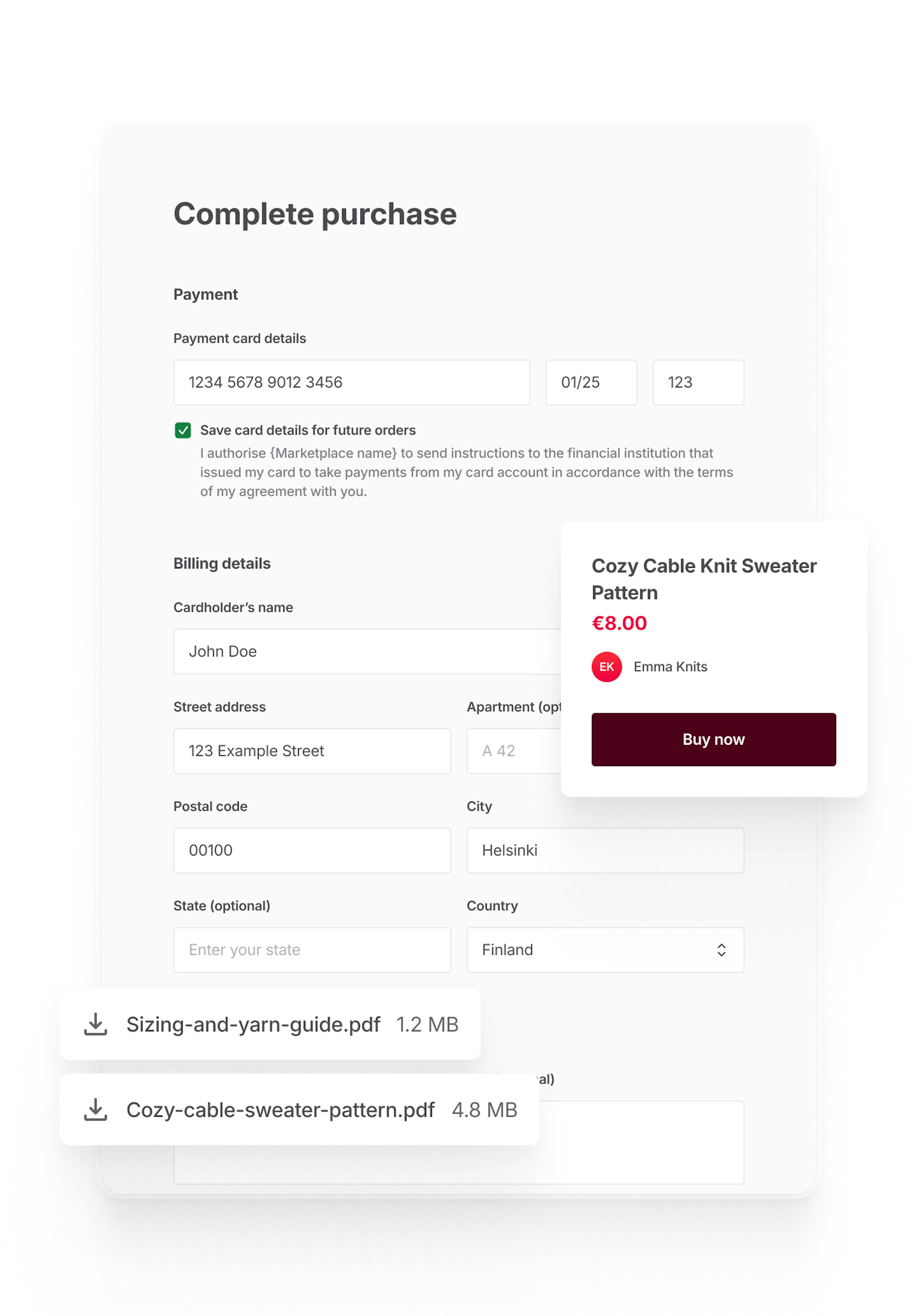 Checkout page in Yarntribe with payment details and billing details. Overlaid are the downloadable file links for the pattern and abbreviations that are revealed after purchase.